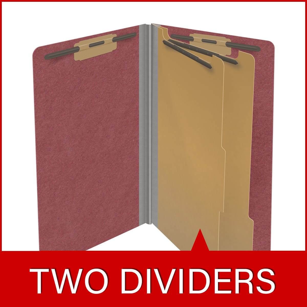 Dark Red Legal Size End Tab Two Divider Classification Folder with 2" Russet Brown Tyvek Expansion and 2" Fasteners in Positions 1 & 3 and 1" Duo Fasteners in Dividers - 25PT. Type 3 Pressboard - 10/Box