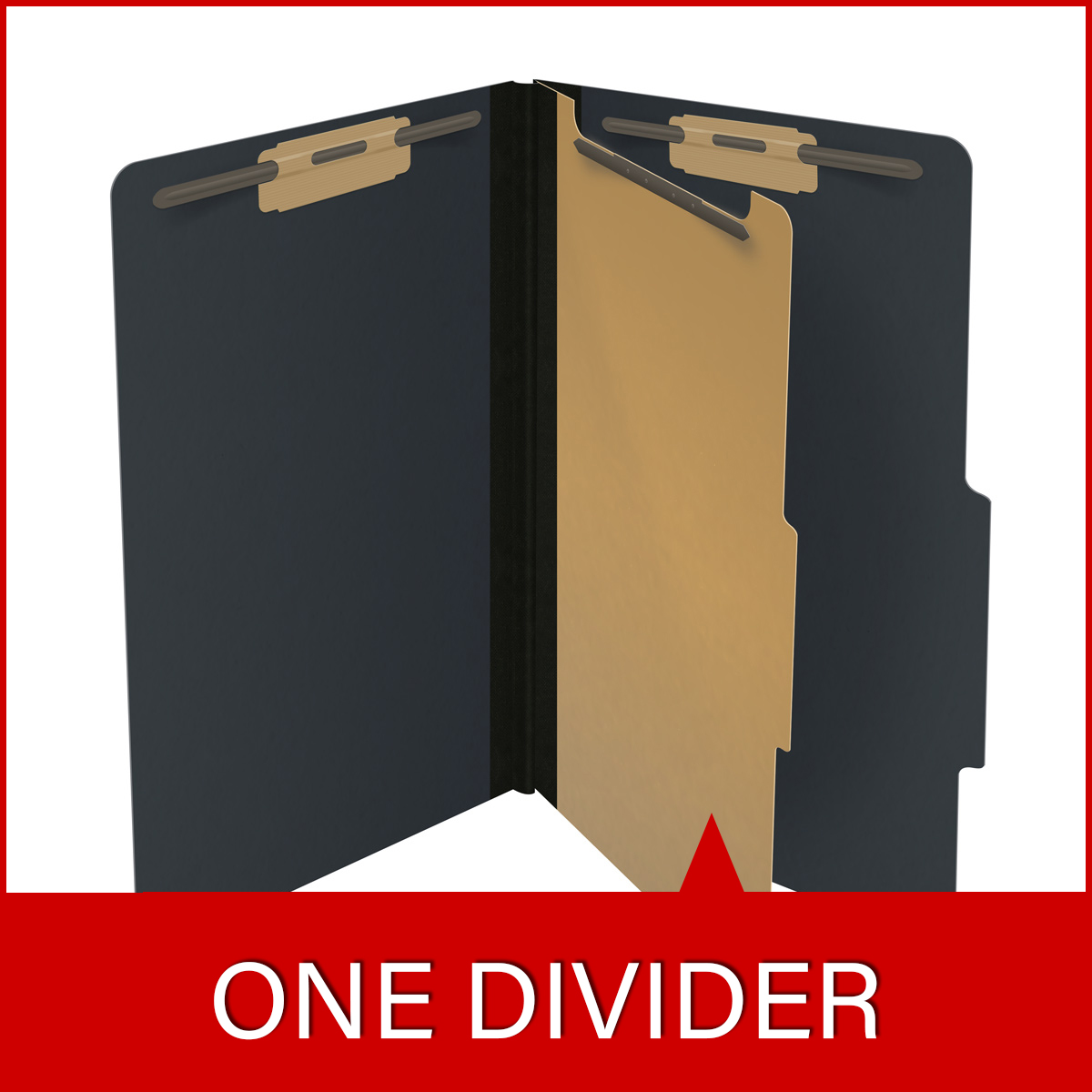 Black legal size top tab one divider classification folder with 2" gray tyvek expansion, with 2" bonded fasteners on inside front and inside back and 1" duo fastener on divider. 25 pt type 3 pressboard stock covers. Packaged 10/50