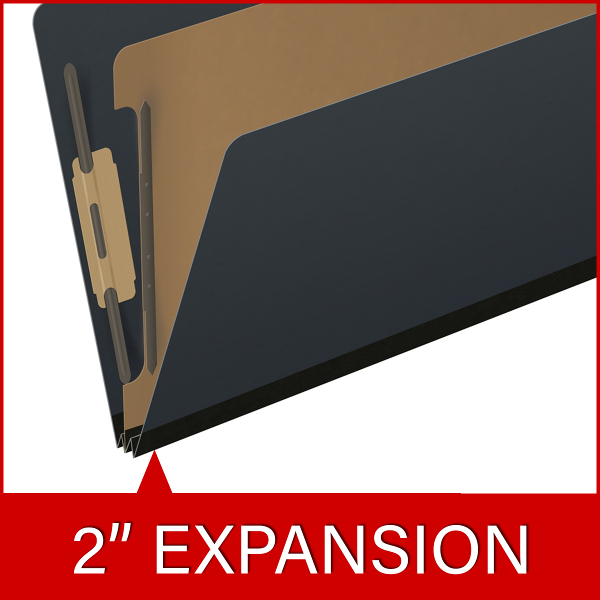 Black legal size top tab one divider classification folder with 2" gray tyvek expansion, with 2" bonded fasteners on inside front and inside back and 1" duo fastener on divider. 25 pt type 3 pressboard stock covers. Packaged 10/50