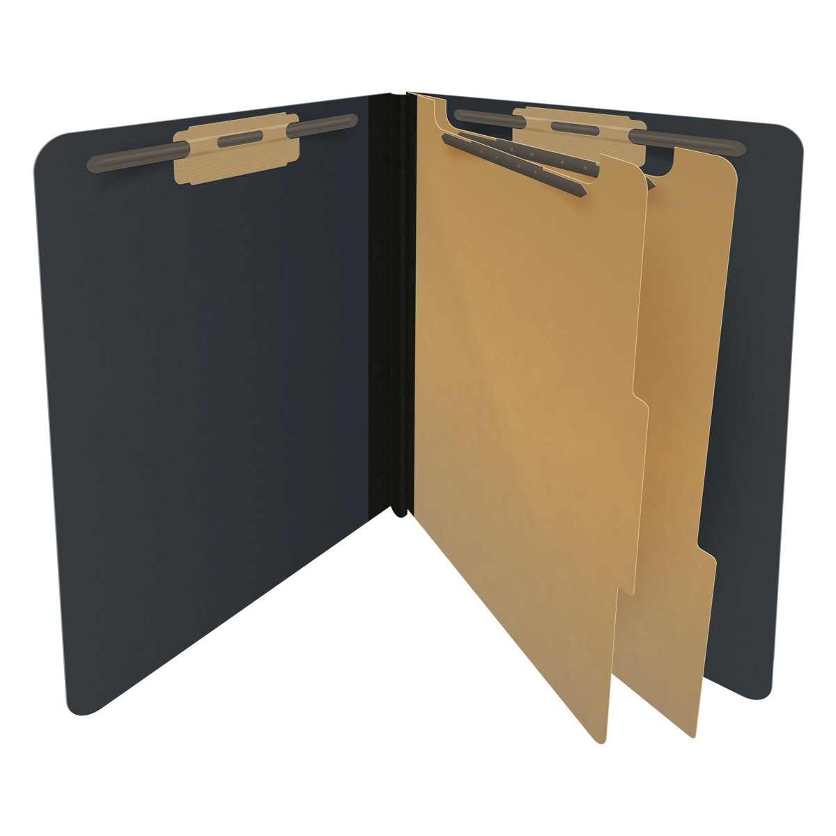 Black letter size end tab two divider classification folder with 2" gray tyvek expansion, with 2" bonded fasteners on inside front and inside back and 1" duo fastener on dividers. 25 pt type 3 pressboard stock covers, 10/Box