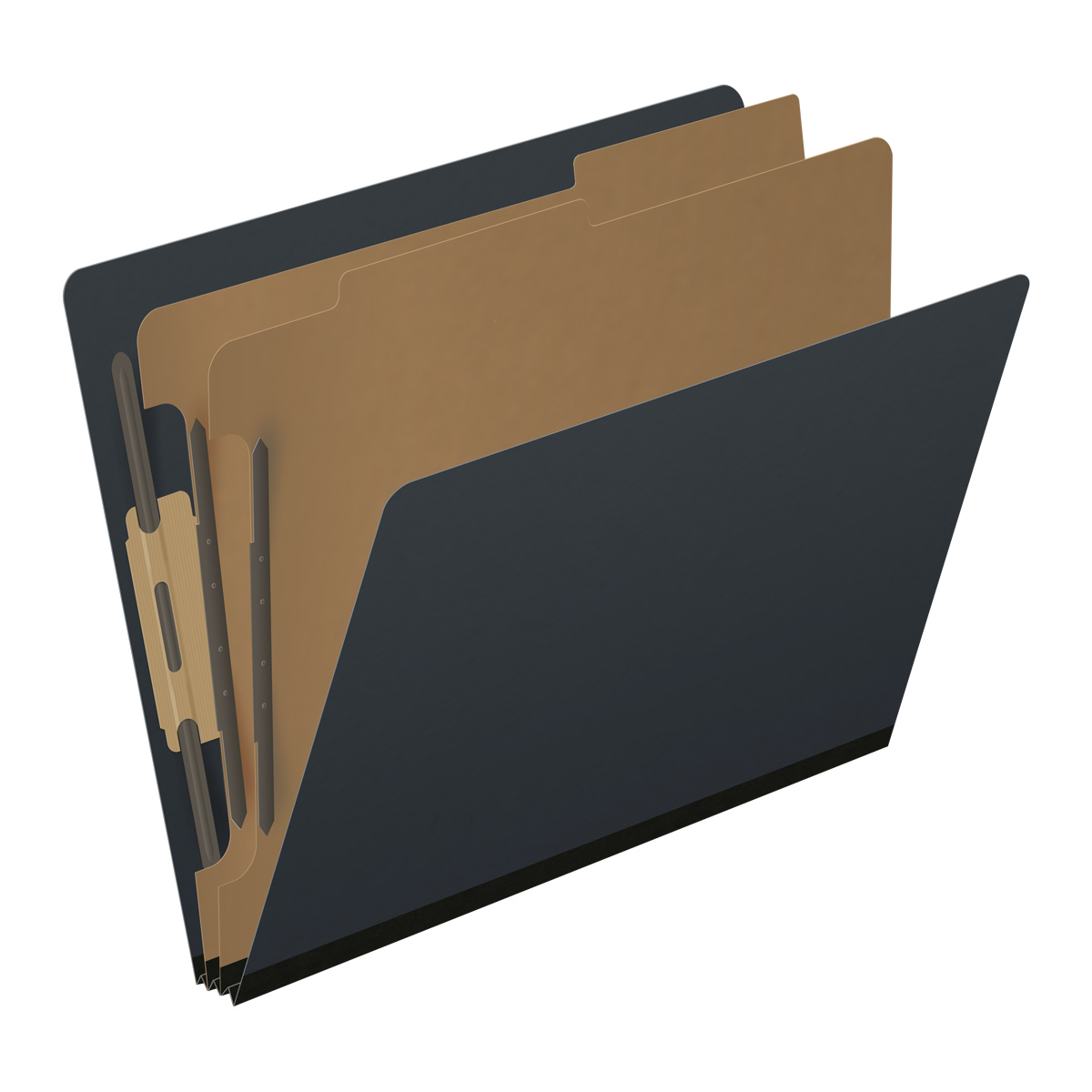 Black letter size end tab two divider classification folder with 2" gray tyvek expansion, with 2" bonded fasteners on inside front and inside back and 1" duo fastener on dividers. 25 pt type 3 pressboard stock covers, 10/Box