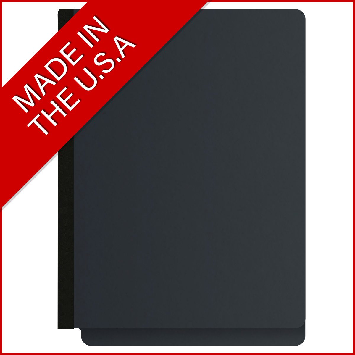 Black letter size end tab two divider classification folder with 2" gray tyvek expansion, with 2" bonded fasteners on inside front and inside back and 1" duo fastener on dividers. 25 pt type 3 pressboard stock covers, 10/Box