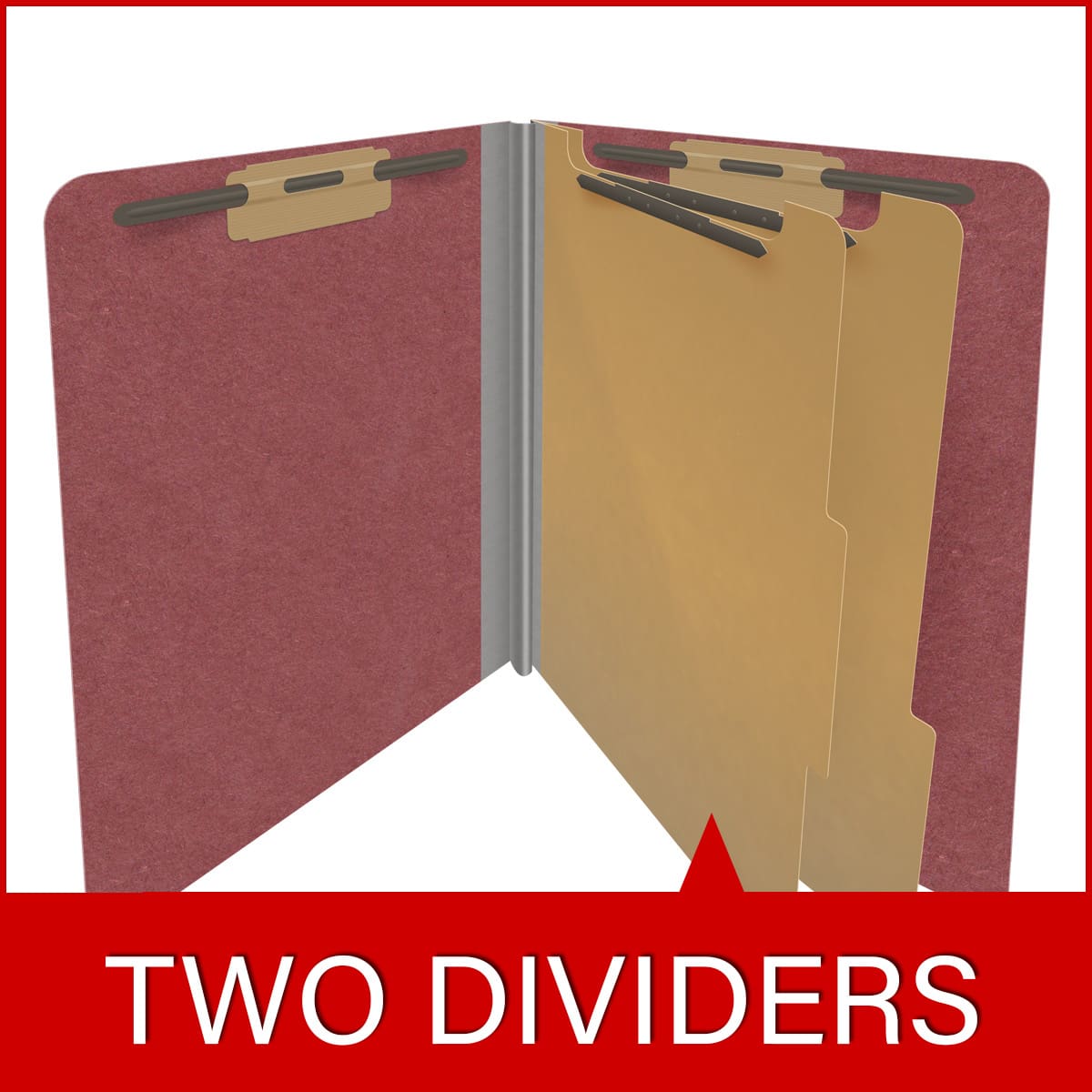 Dark Red End TAB Classification Folder with 2 Dividers - Letter Size - 2" Expansion - 2" Fasteners on inside front and inside back and 1" duo fastener on dividers. Type III Pressboard - 10/Pack