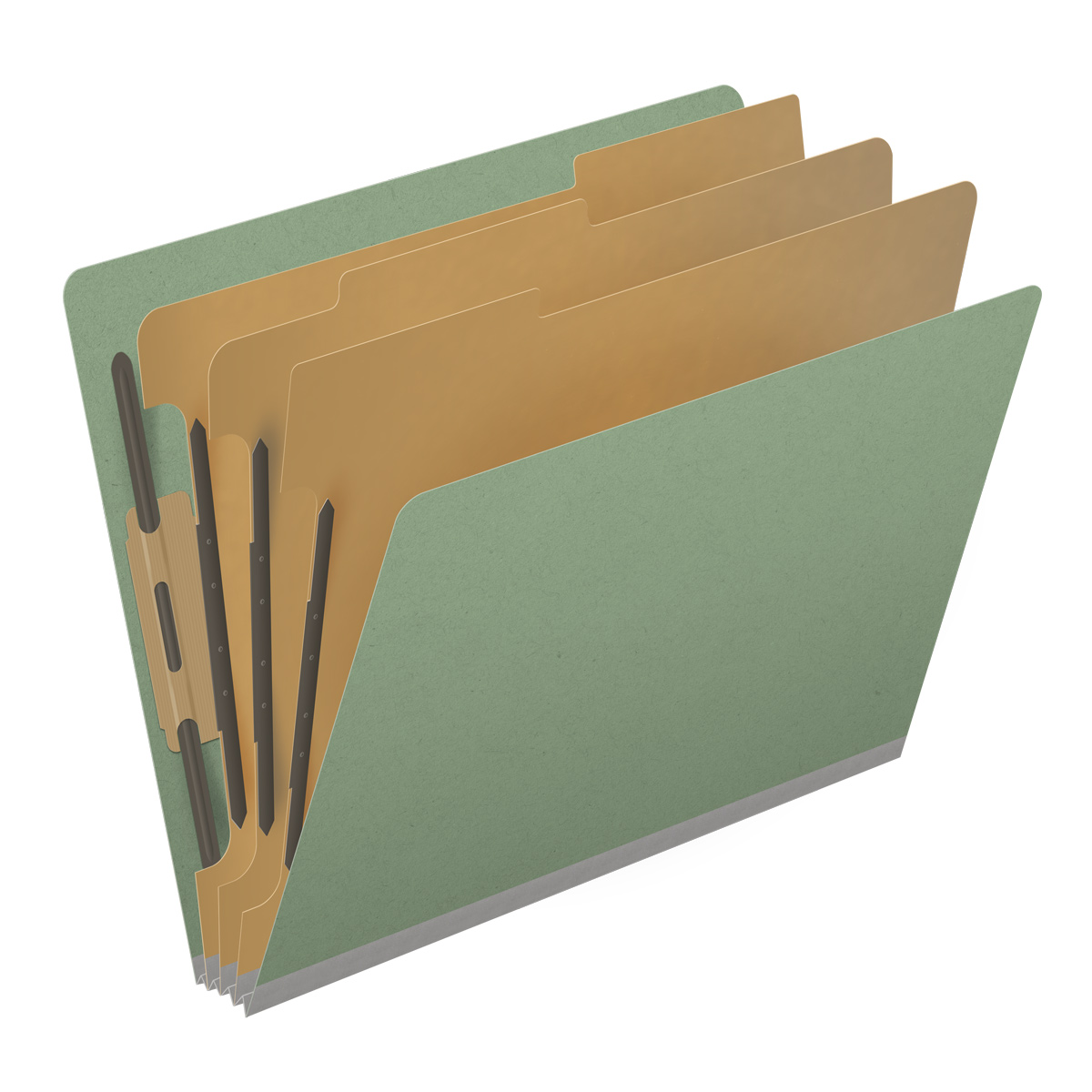 Green letter size end tab three divider classification folder with 3" gray tyvek expansion, with 2" bonded fasteners on inside front and inside back and 1" duo fastener on dividers. 25 pt type 3 pressboard stock covers, 10/Box