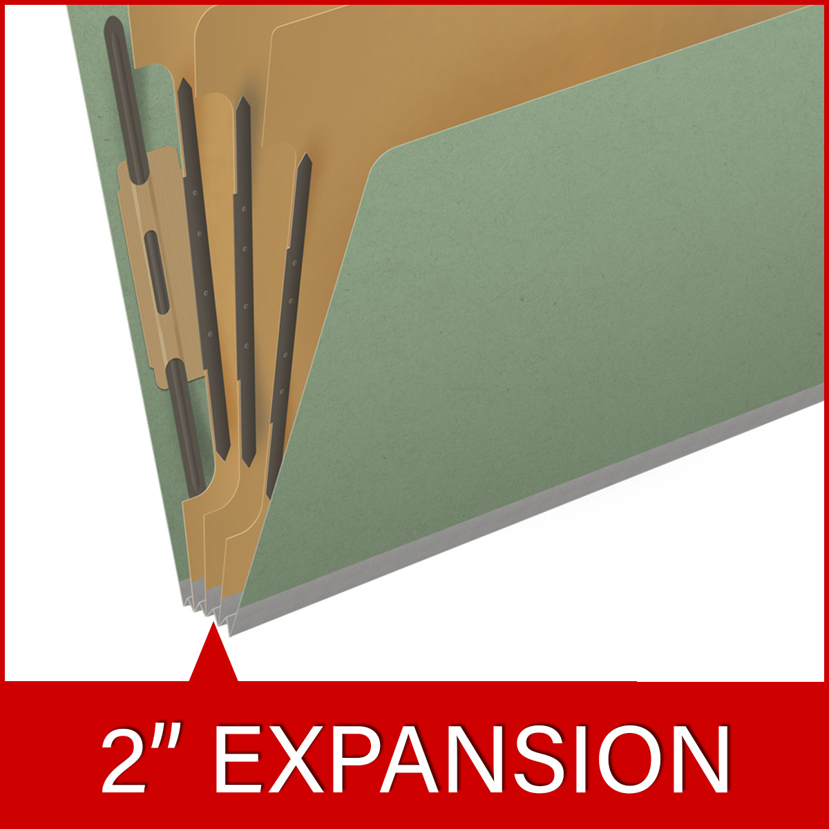 Green letter size end tab three divider classification folder with 3" gray tyvek expansion, with 2" bonded fasteners on inside front and inside back and 1" duo fastener on dividers. 25 pt type 3 pressboard stock covers, 10/Box