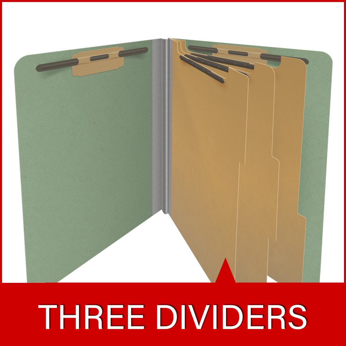 Green letter size end tab three divider classification folder with 3" gray tyvek expansion, with 2" bonded fasteners on inside front and inside back and 1" duo fastener on dividers. 25 pt type 3 pressboard stock covers, 10/Box