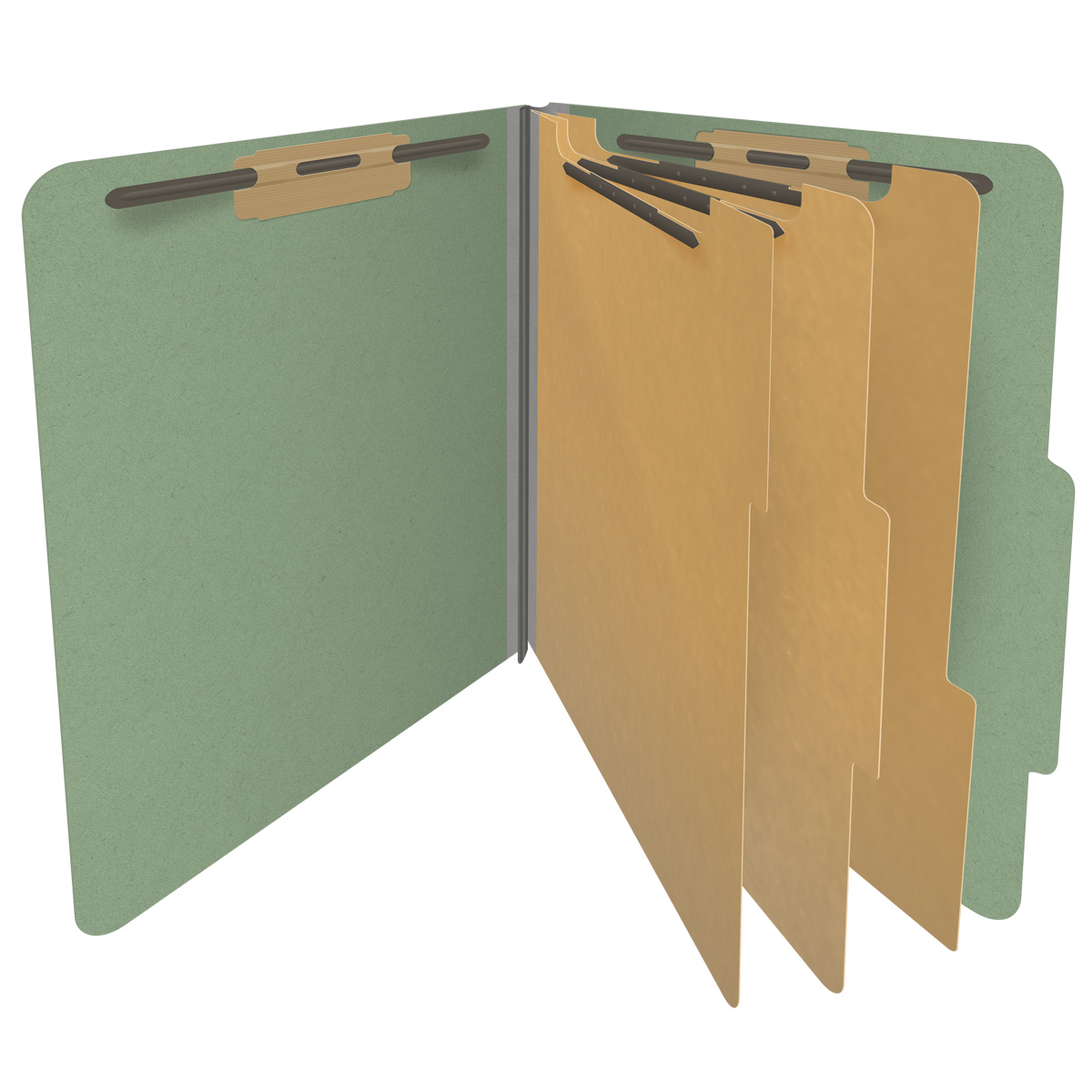 Green letter size top tab three divider classification folder with 3" gray tyvek expansion, with 2" bonded fasteners on inside front and inside back and 1" duo fastener on dividers. 25 pt type 3 pressboard stock covers. Packaged 10/50.