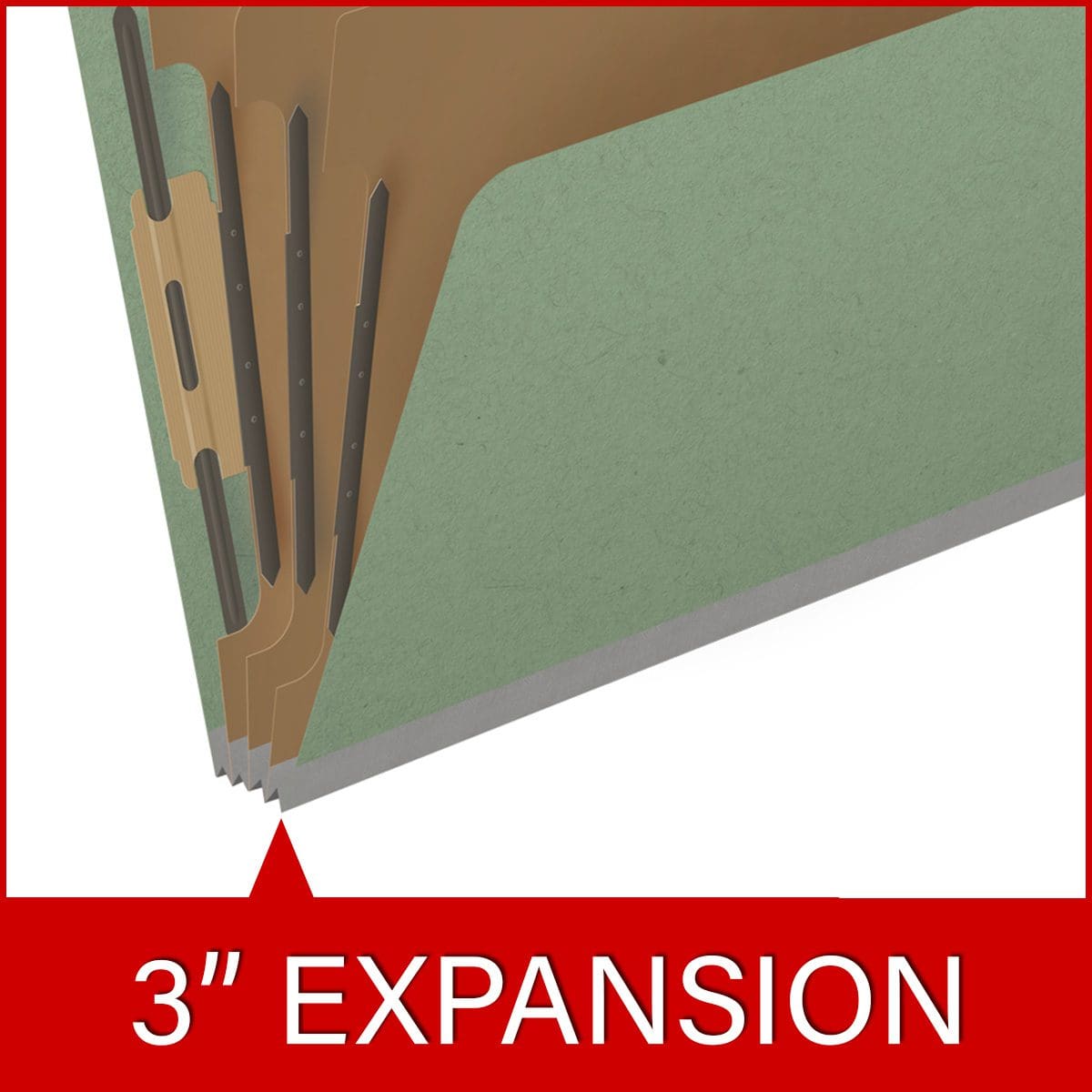 Green letter size top tab three divider classification folder with 3" gray tyvek expansion, with 2" bonded fasteners on inside front and inside back and 1" duo fastener on dividers. 25 pt type 3 pressboard stock covers. Packaged 10/50.