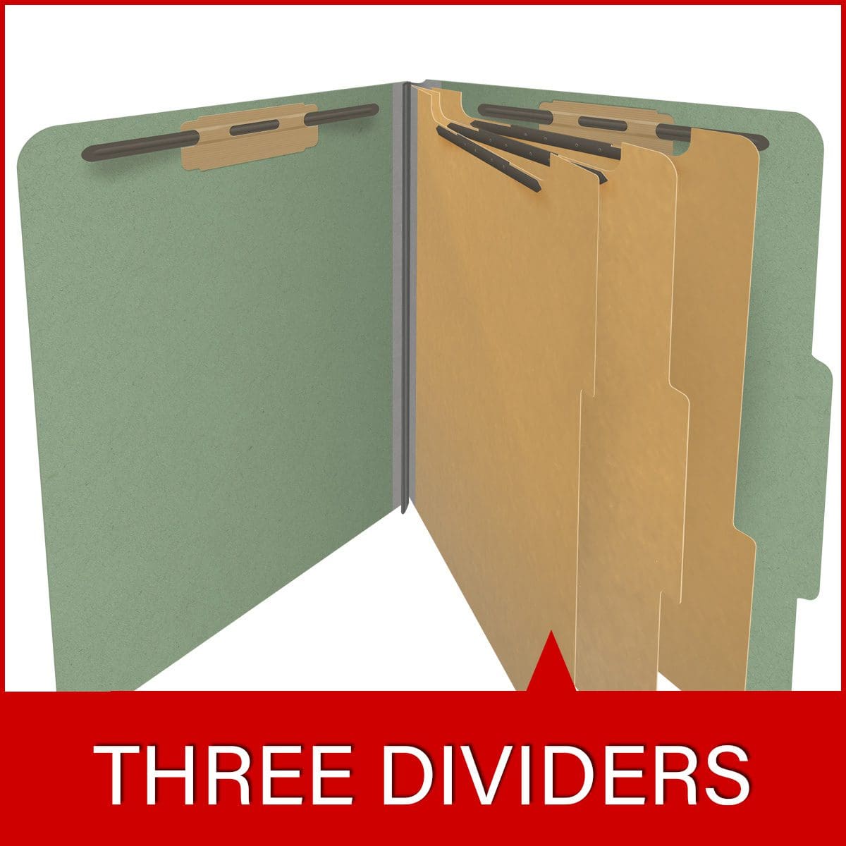 Green letter size top tab three divider classification folder with 3" gray tyvek expansion, with 2" bonded fasteners on inside front and inside back and 1" duo fastener on dividers. 25 pt type 3 pressboard stock covers. Packaged 10/50.