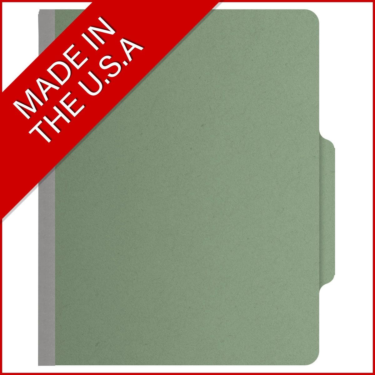 Green letter size top tab three divider classification folder with 3" gray tyvek expansion, with 2" bonded fasteners on inside front and inside back and 1" duo fastener on dividers. 25 pt type 3 pressboard stock covers. Packaged 10/50.