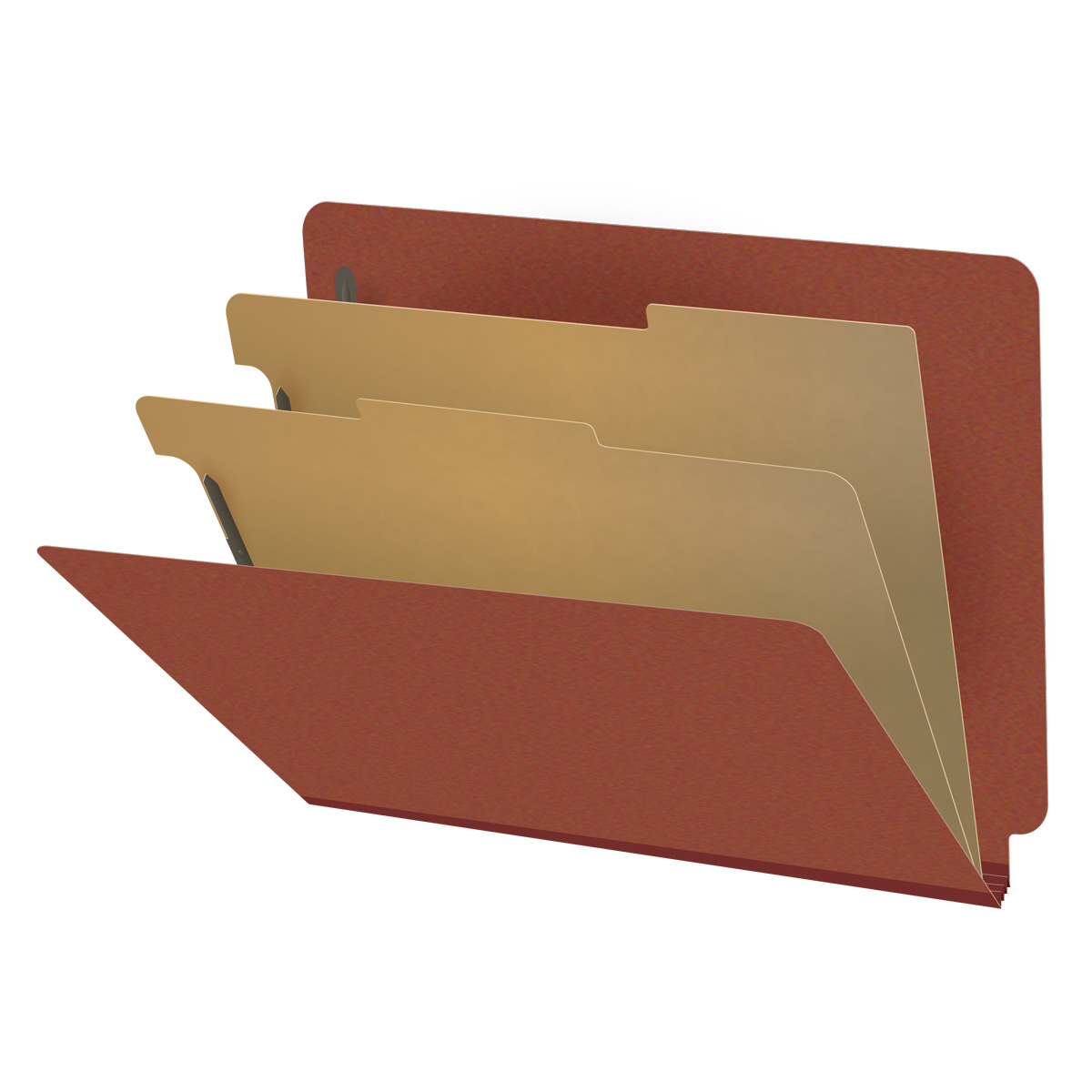 Red letter size end tab two divider classification folder with 2" russet brown tyvek expansion, with 2" bonded fasteners on inside front and inside back and 1" duo fastener on dividers. 25 pt type 3 pressboard stock covers, 10/Box
