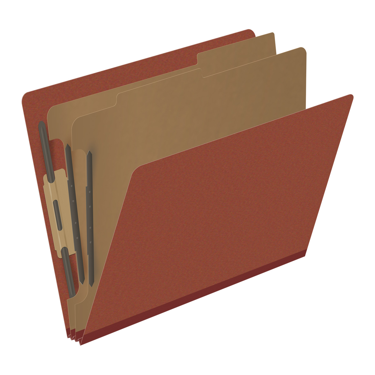 Red letter size end tab two divider classification folder with 2" russet brown tyvek expansion, with 2" bonded fasteners on inside front and inside back and 1" duo fastener on dividers. 25 pt type 3 pressboard stock covers, 10/Box