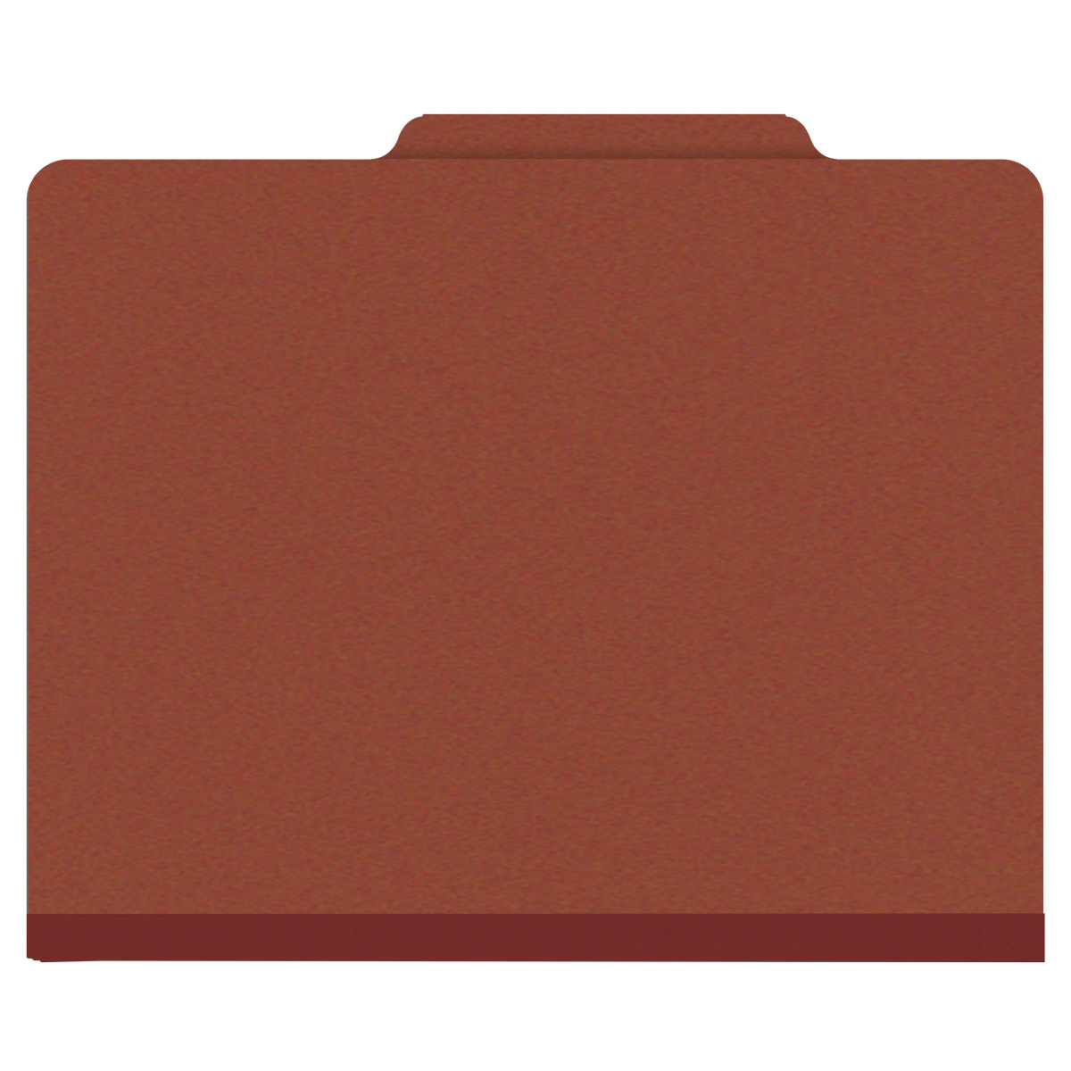 Red letter size top tab three divider classification folder with 3" russet brown tyvek expansion, with 2" bonded fasteners on inside front and inside back and 1" duo fastener on dividers. 25 PT. Type III Pressboard - 10/BOX