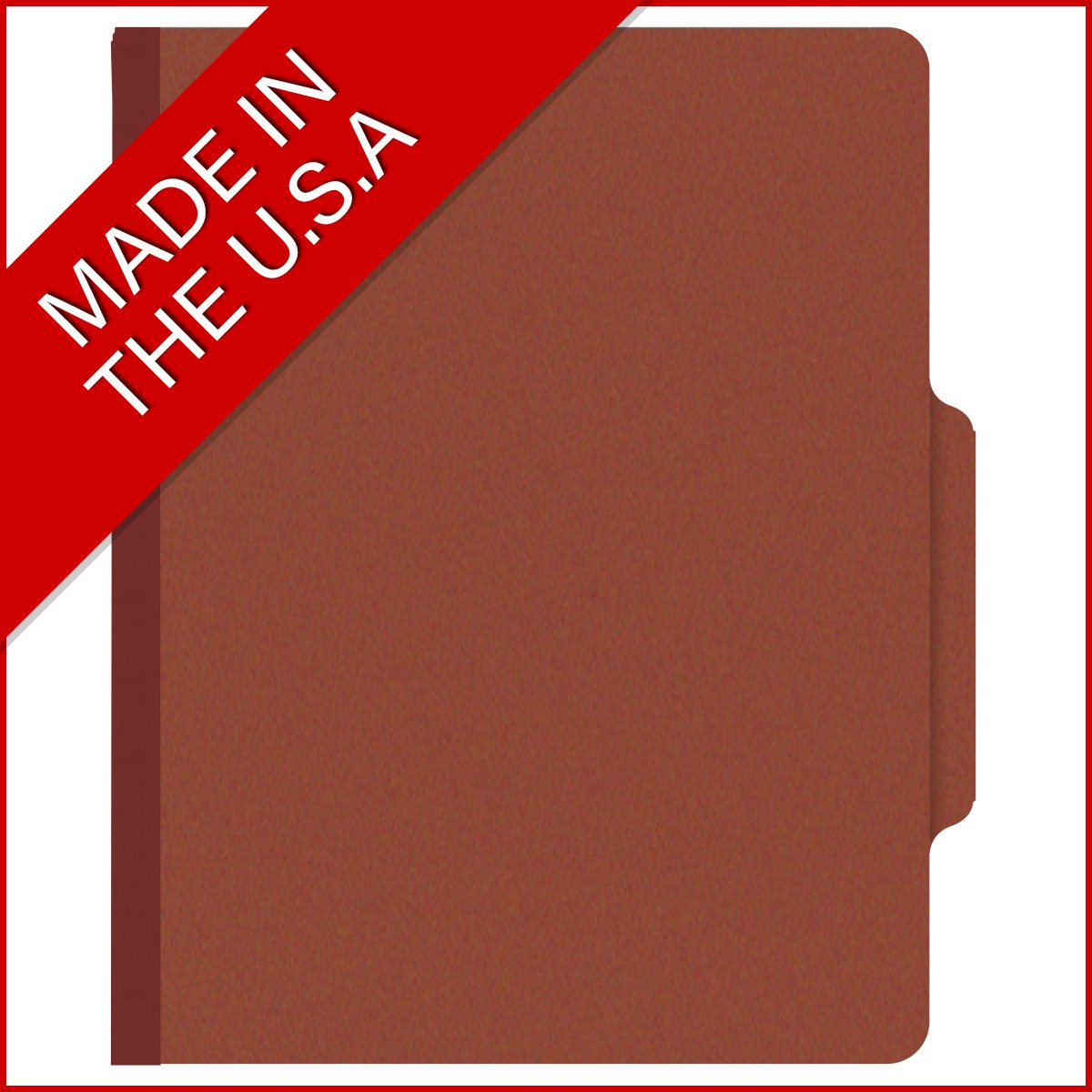Red letter size top tab three divider classification folder with 3" russet brown tyvek expansion, with 2" bonded fasteners on inside front and inside back and 1" duo fastener on dividers. 25 PT. Type III Pressboard - 10/BOX
