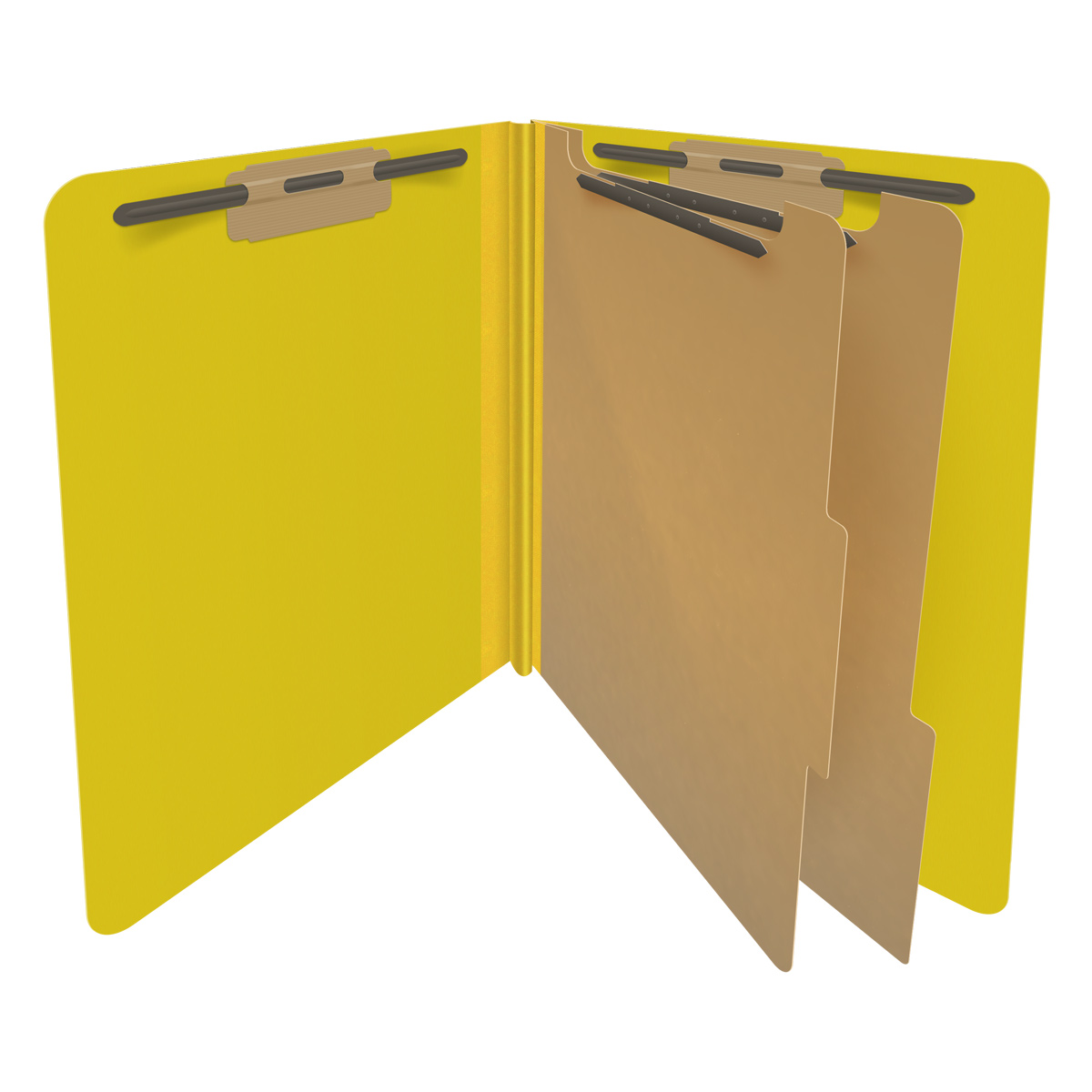 Yellow letter size End Tab 2 divider Classification Folder with 2" yellow tyvek expansion, with 2" bonded fasteners on inside front and inside back and 1" duo fastener on dividers. 25 pt type 3 pressboard stock covers, 10/Box