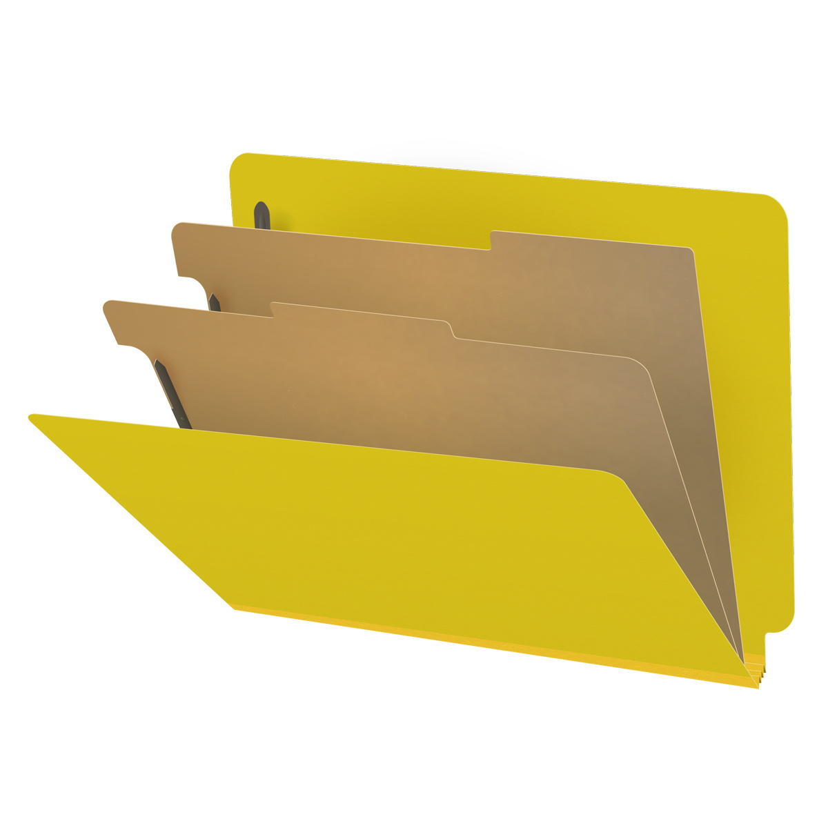 Yellow letter size End Tab 2 divider Classification Folder with 2" yellow tyvek expansion, with 2" bonded fasteners on inside front and inside back and 1" duo fastener on dividers. 25 pt type 3 pressboard stock covers, 10/Box