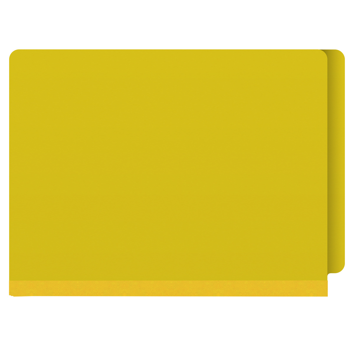 Yellow letter size End Tab 2 divider Classification Folder with 2" yellow tyvek expansion, with 2" bonded fasteners on inside front and inside back and 1" duo fastener on dividers. 25 pt type 3 pressboard stock covers, 10/Box
