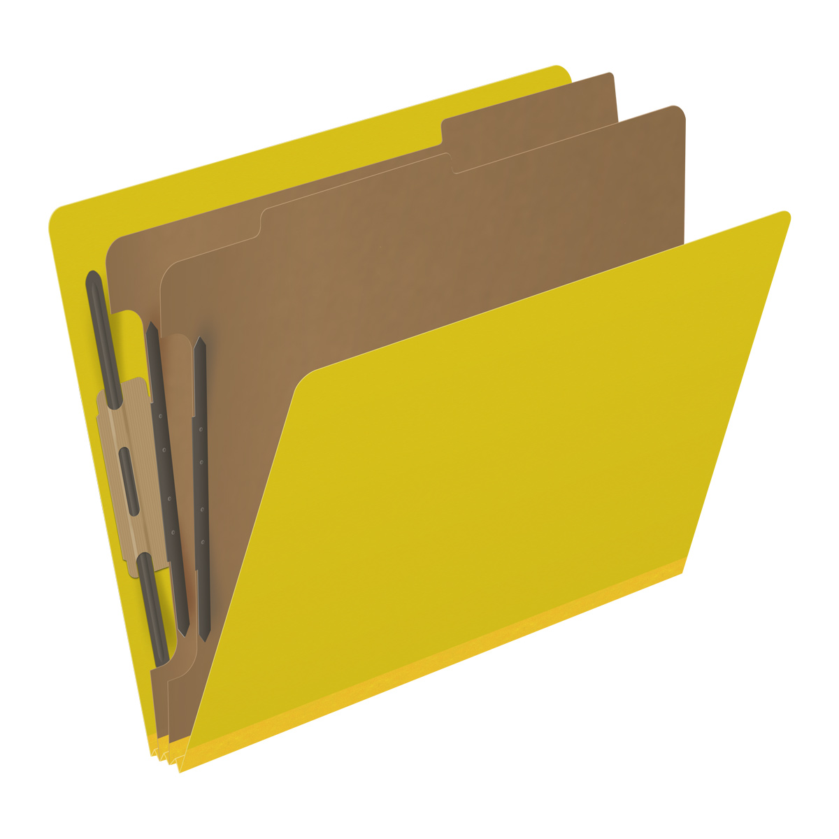 Yellow letter size End Tab 2 divider Classification Folder with 2" yellow tyvek expansion, with 2" bonded fasteners on inside front and inside back and 1" duo fastener on dividers. 25 pt type 3 pressboard stock covers, 10/Box