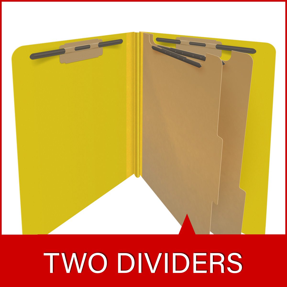 Yellow letter size End Tab 2 divider Classification Folder with 2" yellow tyvek expansion, with 2" bonded fasteners on inside front and inside back and 1" duo fastener on dividers. 25 pt type 3 pressboard stock covers, 10/Box