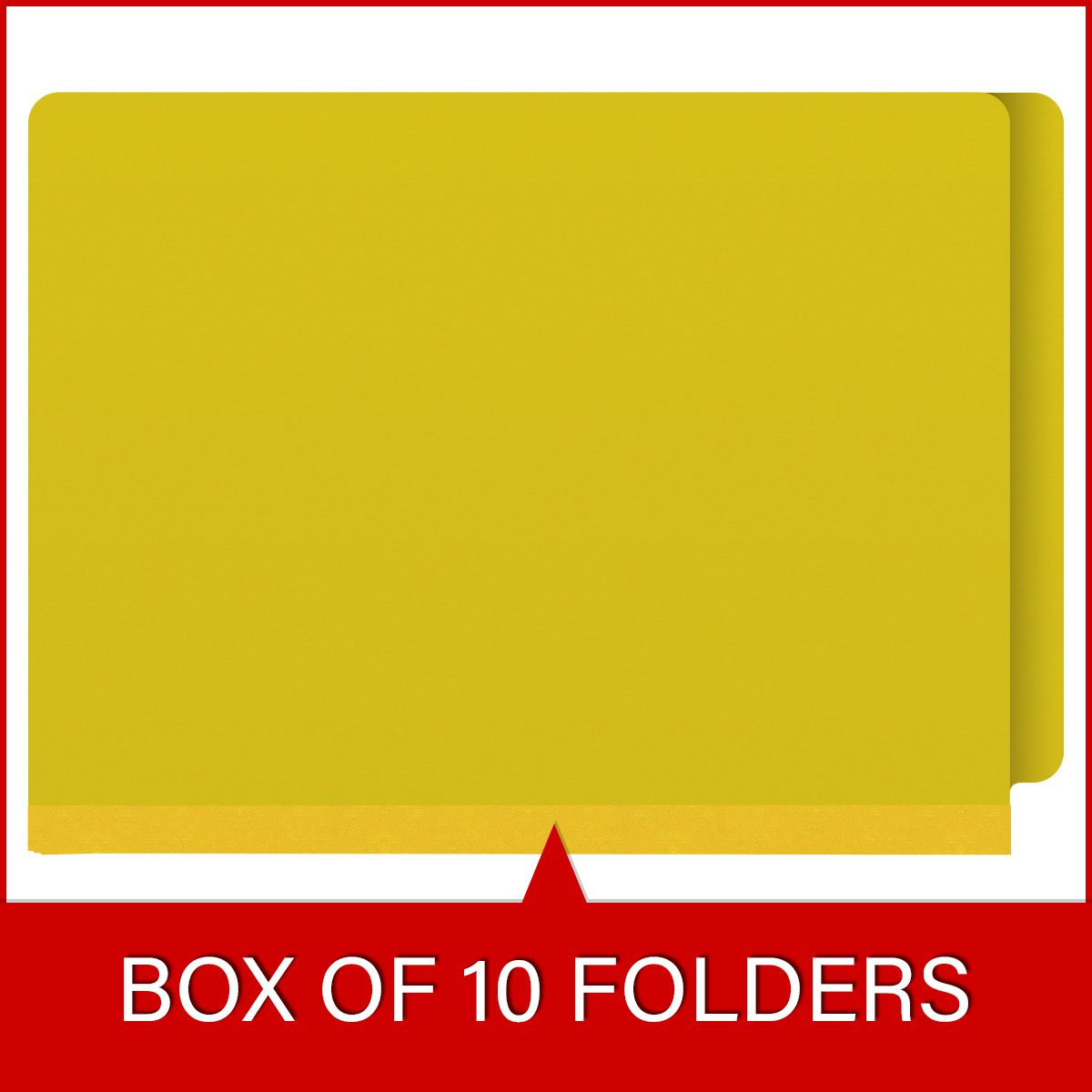 Yellow letter size End Tab 2 divider Classification Folder with 2" yellow tyvek expansion, with 2" bonded fasteners on inside front and inside back and 1" duo fastener on dividers. 25 pt type 3 pressboard stock covers, 10/Box