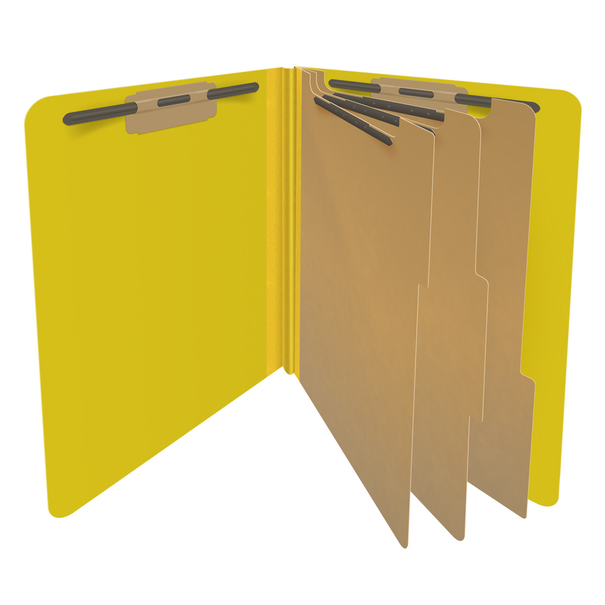 Yellow letter size End Tab, 3 divider Classification Folder with 3" yellow tyvek expansion, with 2" bonded fasteners on inside front and inside back and 1" duo fastener on dividers. 25 pt type 3 pressboard stock covers. 10/Box