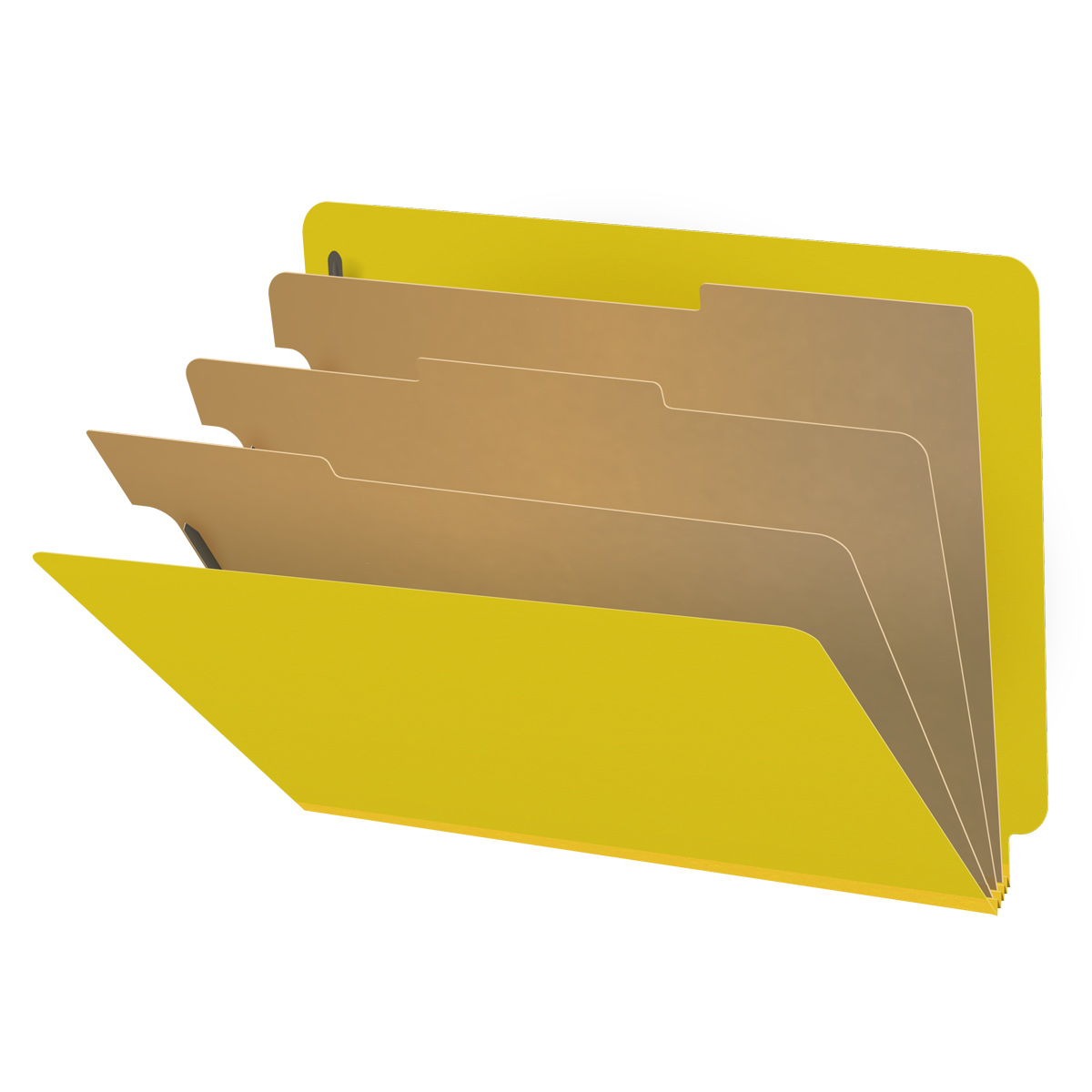 Yellow letter size End Tab, 3 divider Classification Folder with 3" yellow tyvek expansion, with 2" bonded fasteners on inside front and inside back and 1" duo fastener on dividers. 25 pt type 3 pressboard stock covers. 10/Box