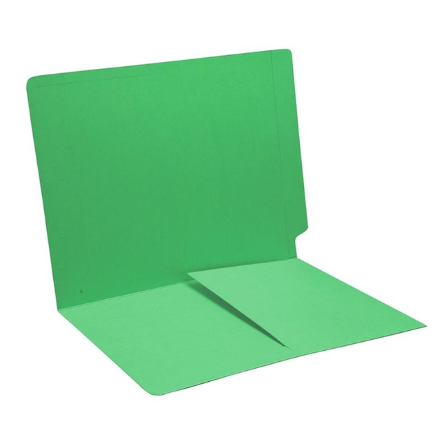 Green Color Folder, End Tab, Fastener Pos 5,  Letter Size with 1/2 Pocket Inside Front, 11 Pt. Stock -Box of 50