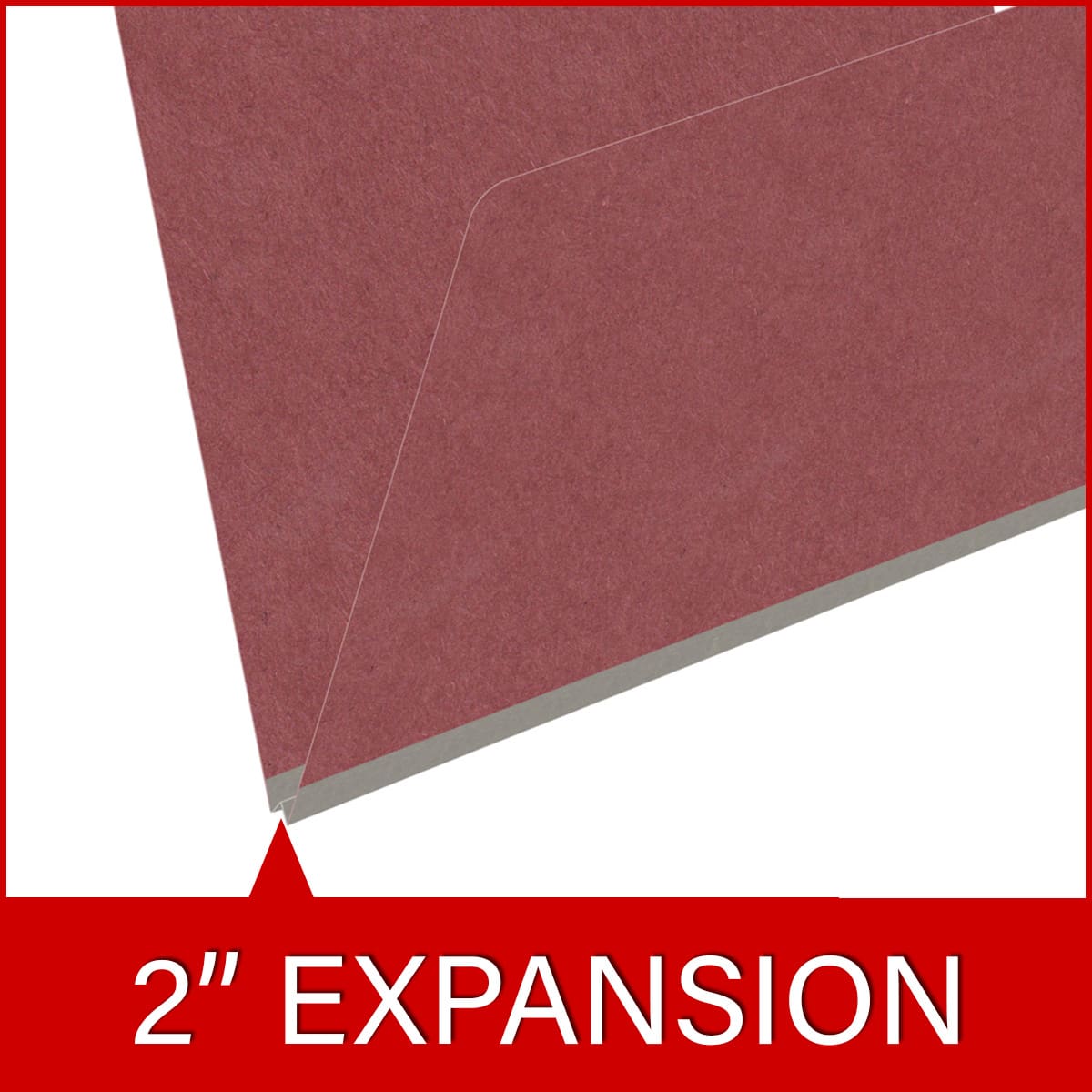 Dark red letter size end tab classification folder with 2" russet brown tyvek expansion. 25 pt type 3 pressboard stock. Packaged 25/125.
