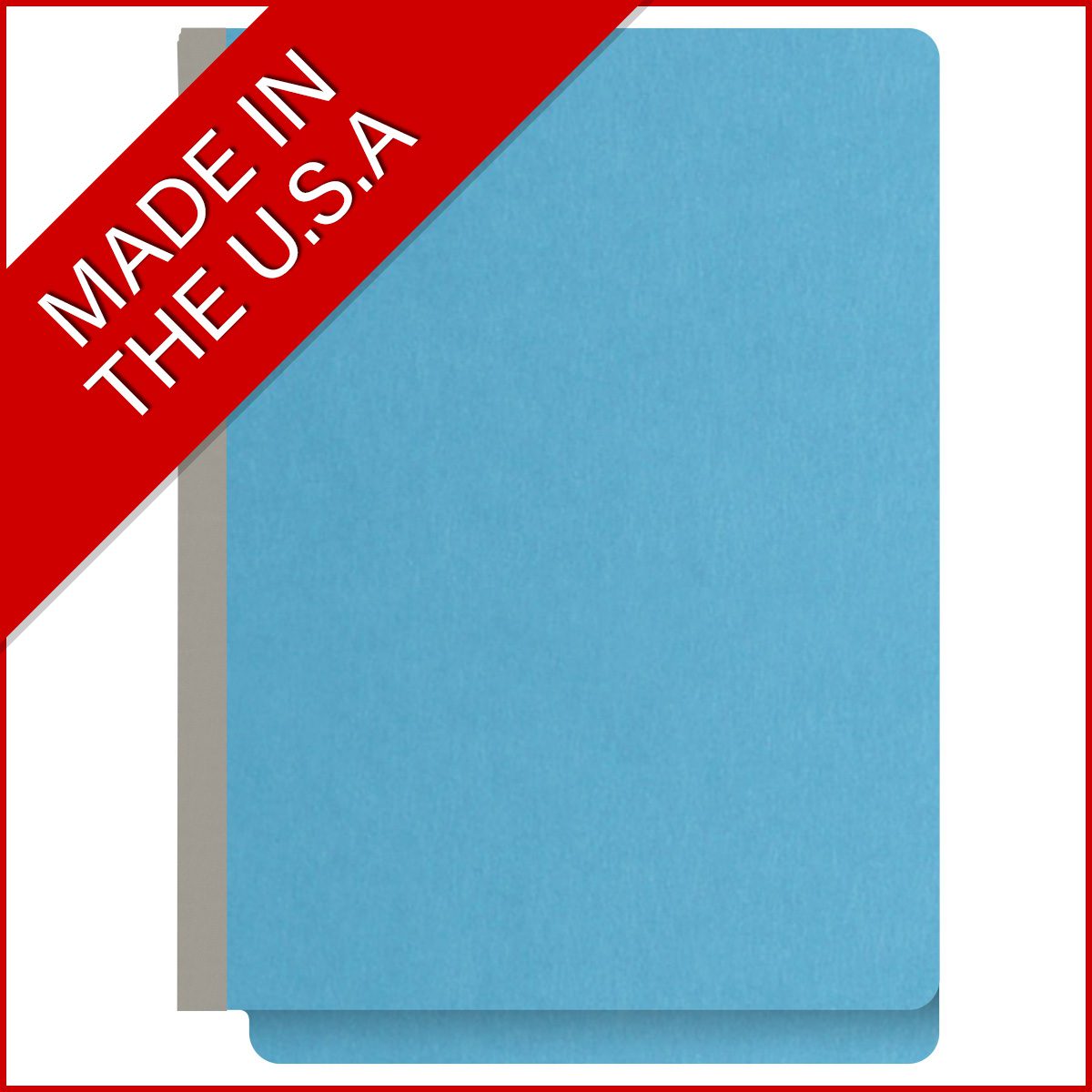Blue letter size end tab classification folder with 2" gray tyvek expansion and 2" bonded fasteners on inside front and inside back. 18 pt. paper stock. Packaged 25/125.