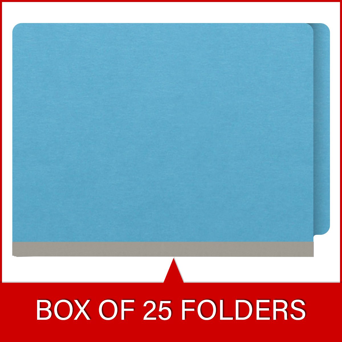 Blue letter size end tab classification folder with 2" gray tyvek expansion and 2" bonded fasteners on inside front and inside back. 18 pt. paper stock. Packaged 25/125.