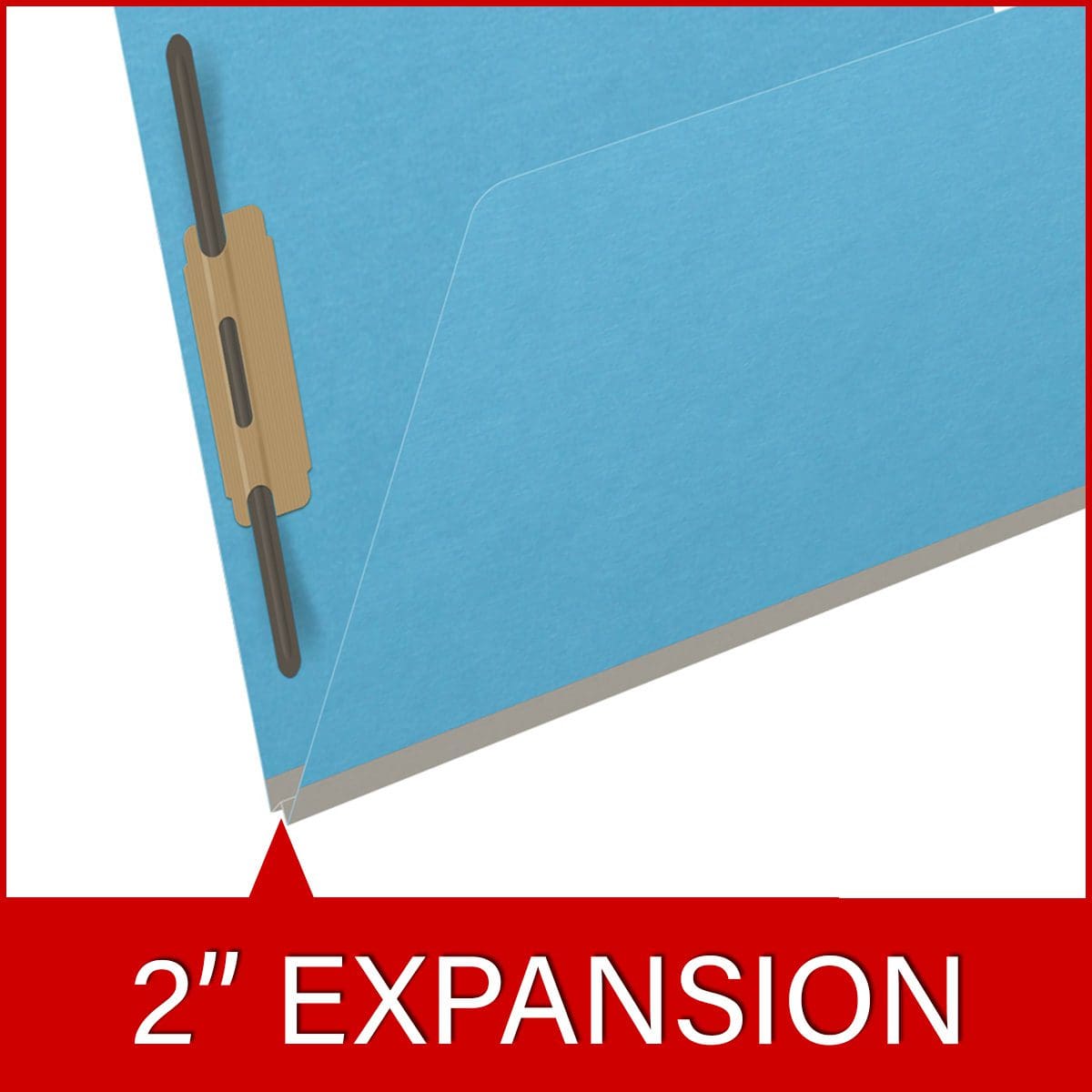 Blue letter size end tab classification folder with 2" gray tyvek expansion and 2" bonded fasteners on inside front and inside back. 18 pt. paper stock. Packaged 25/125.