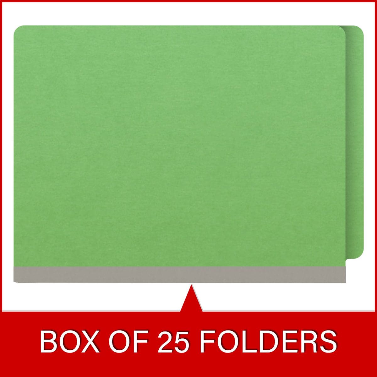 Green letter size end tab classification folder with 2" gray tyvek expansion and 2" bonded fasteners on inside front and inside back. 18 pt. paper stock. Packaged 25/125.
