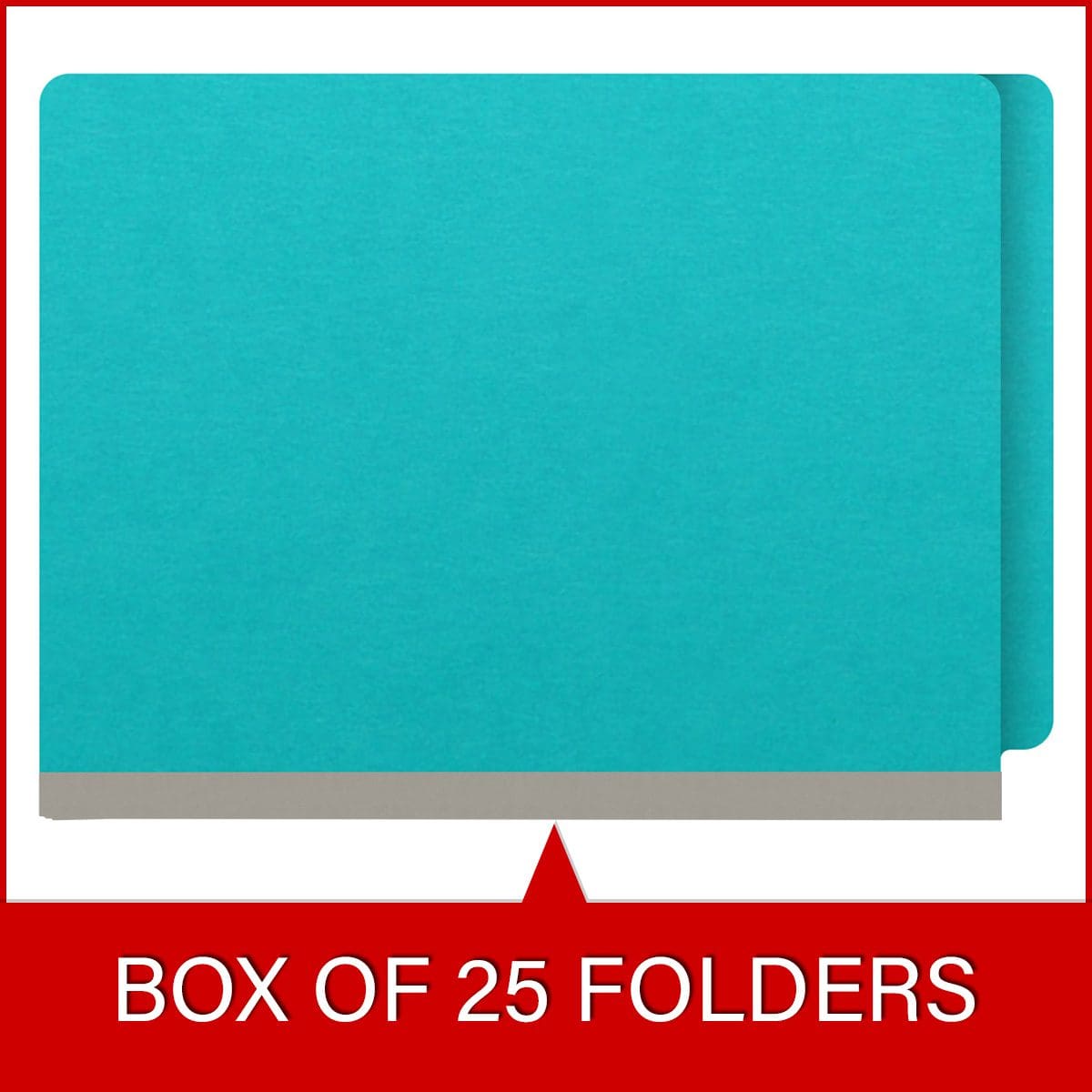 Light blue letter size end tab classification folder with 2" gray tyvek expansion and 2" bonded fasteners on inside front and inside back. 18 pt. paper stock. Packaged 25/125.