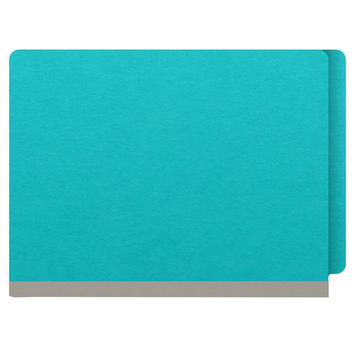 Light blue letter size end tab classification folder with 2" gray tyvek expansion and 2" bonded fasteners on inside front and inside back. 18 pt. paper stock. Packaged 25/125.