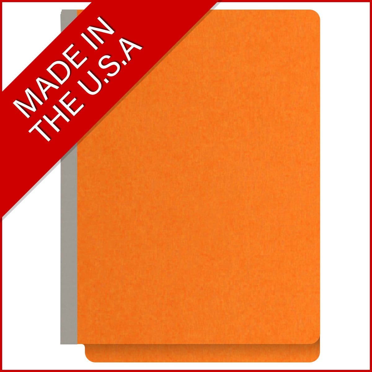Orange letter size end tab classification folder with 2" gray tyvek expansion and 2" bonded fasteners on inside front and inside back. 18 pt. paper stock. Packaged 25/125.