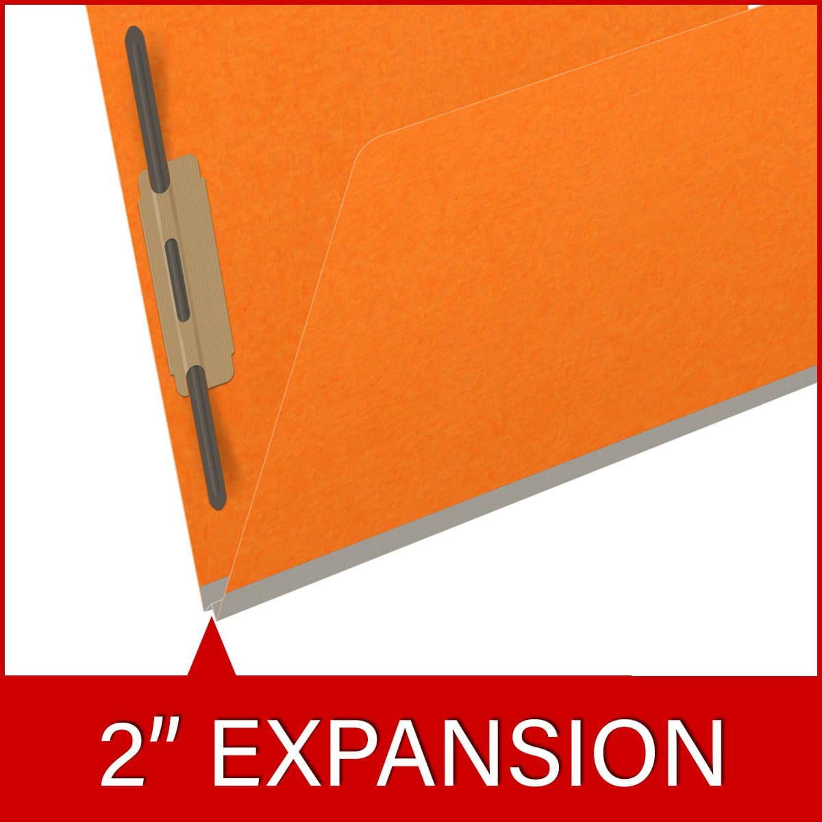 Orange letter size end tab classification folder with 2" gray tyvek expansion and 2" bonded fasteners on inside front and inside back. 18 pt. paper stock. Packaged 25/125.