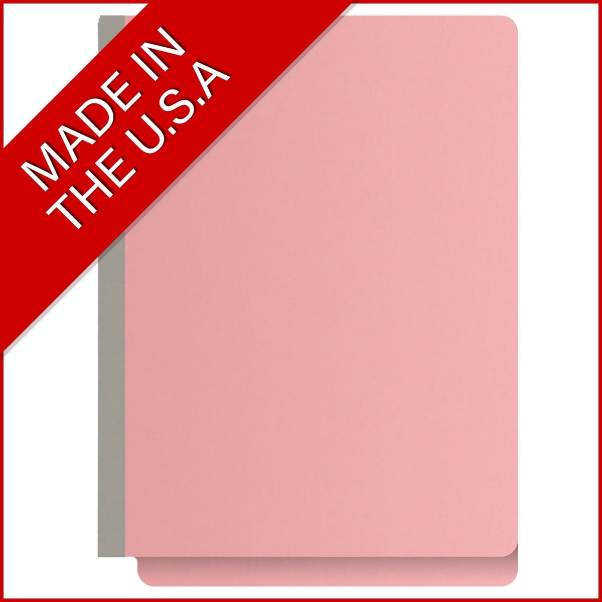 Pink letter size end tab classification folder with 2" gray tyvek expansion and 2" bonded fasteners on inside front and inside back. 18 pt. paper stock. Packaged 25/125.