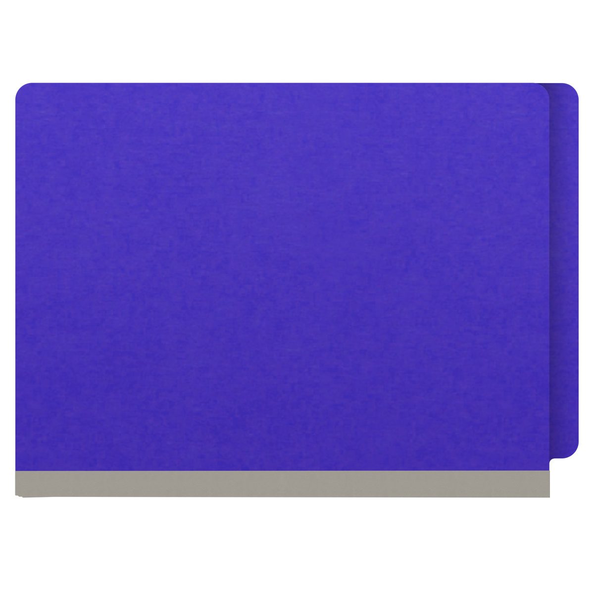 Purple letter size end tab classification folder with 2" gray tyvek expansion and 2" bonded fasteners on inside front and inside back. 18 pt. paper stock. Packaged 25/125.