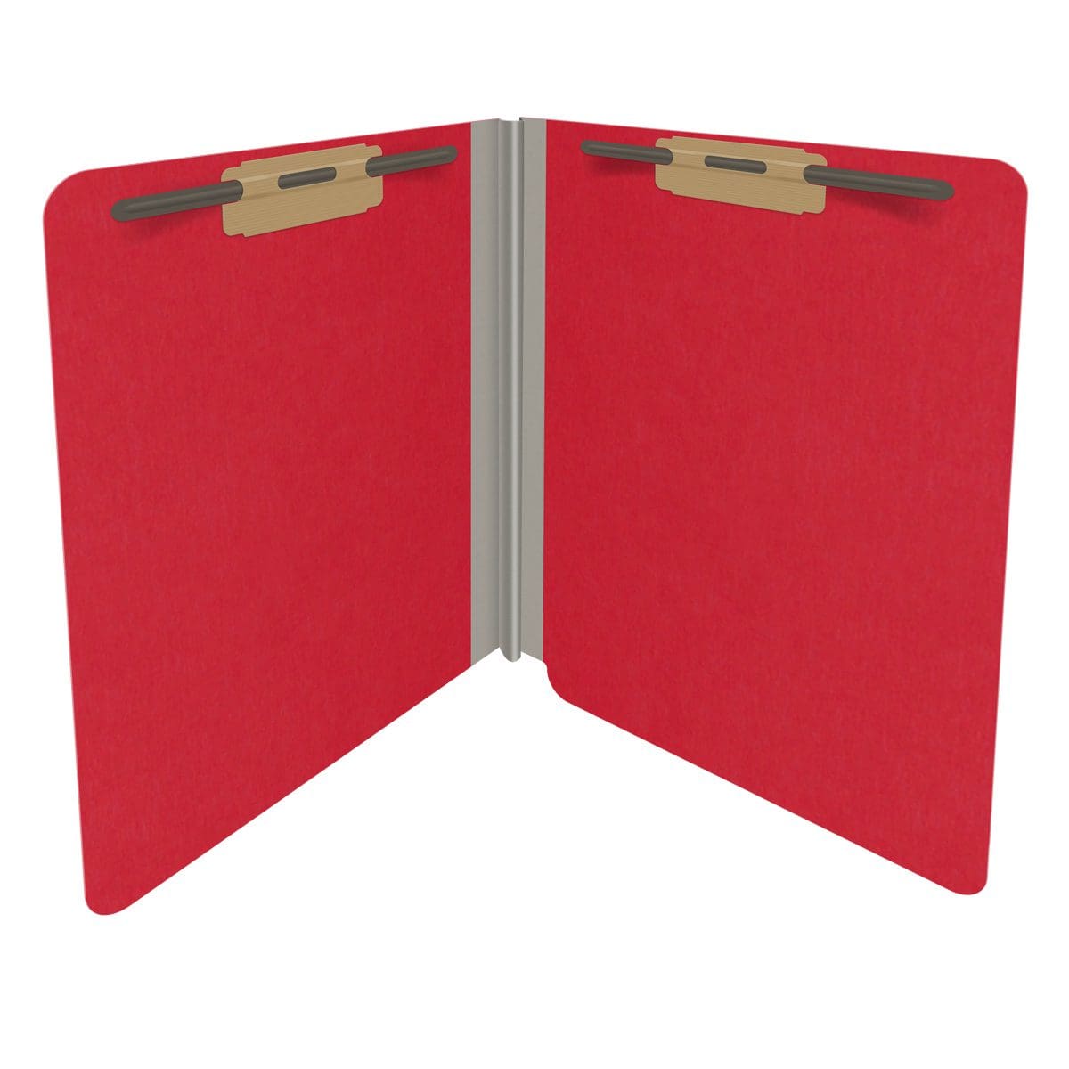 Red letter size end tab classification folder with 2" gray tyvek expansion and 2" bonded fasteners on inside front and inside back. 18 pt. paper stock. Packaged 25/125.