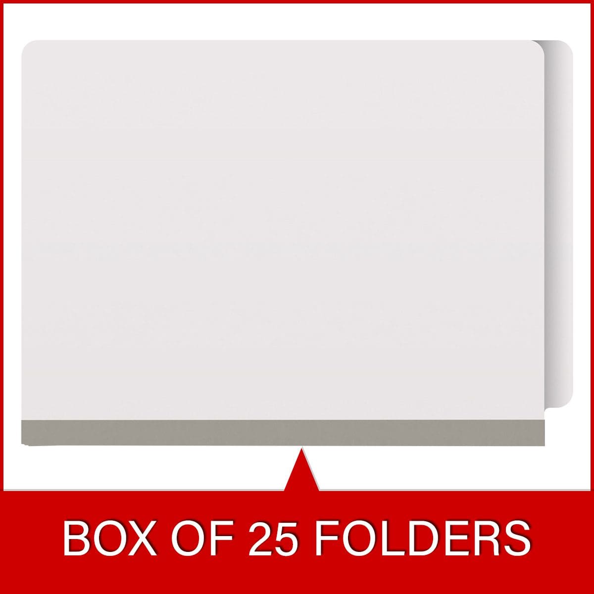 White letter size end tab classification folder with 2" gray tyvek expansion and 2" bonded fasteners on inside front and inside back. 18 pt. paper stock. Packaged 25/125.