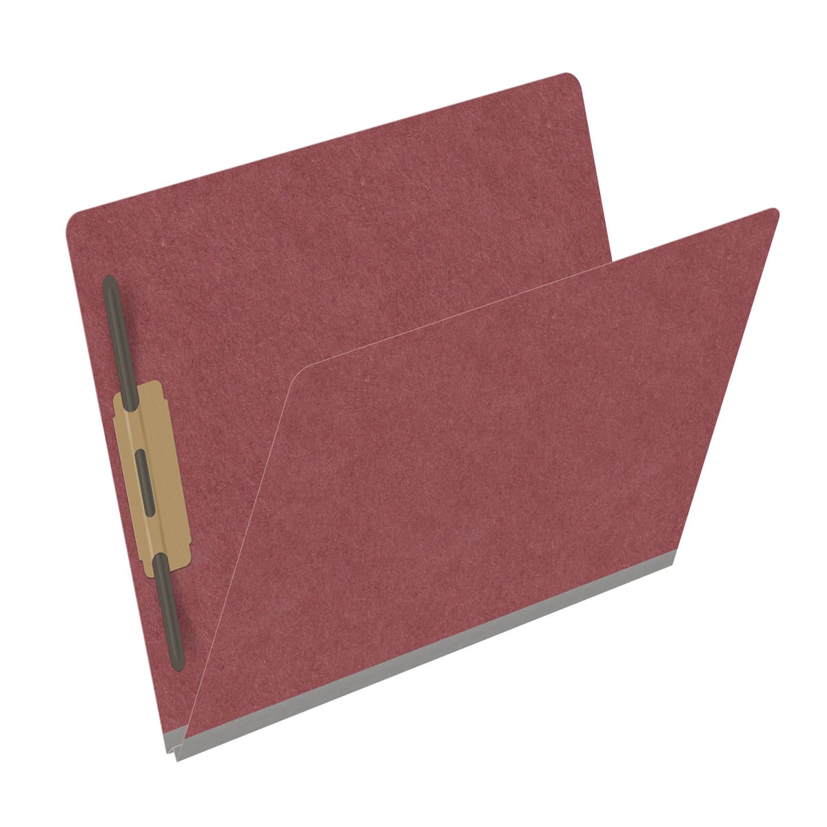 Dark red letter size end tab classification folder with 2" russet brown tyvek expansion and 2" bonded fasteners on inside front and inside back. 25 pt type 3 pressboard stock, 25/Box
