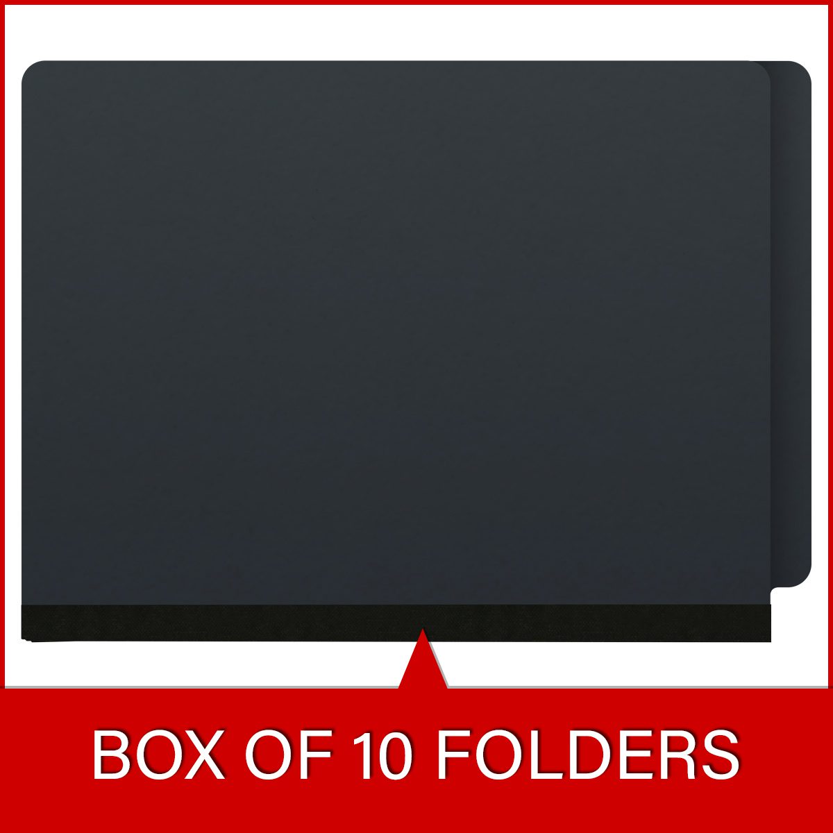 Black letter size end tab classification folder with 2" gray tyvek expansion and 2" bonded fasteners on inside front and inside back. 25 pt type 3 pressboard stock. Packaged 25/125.
