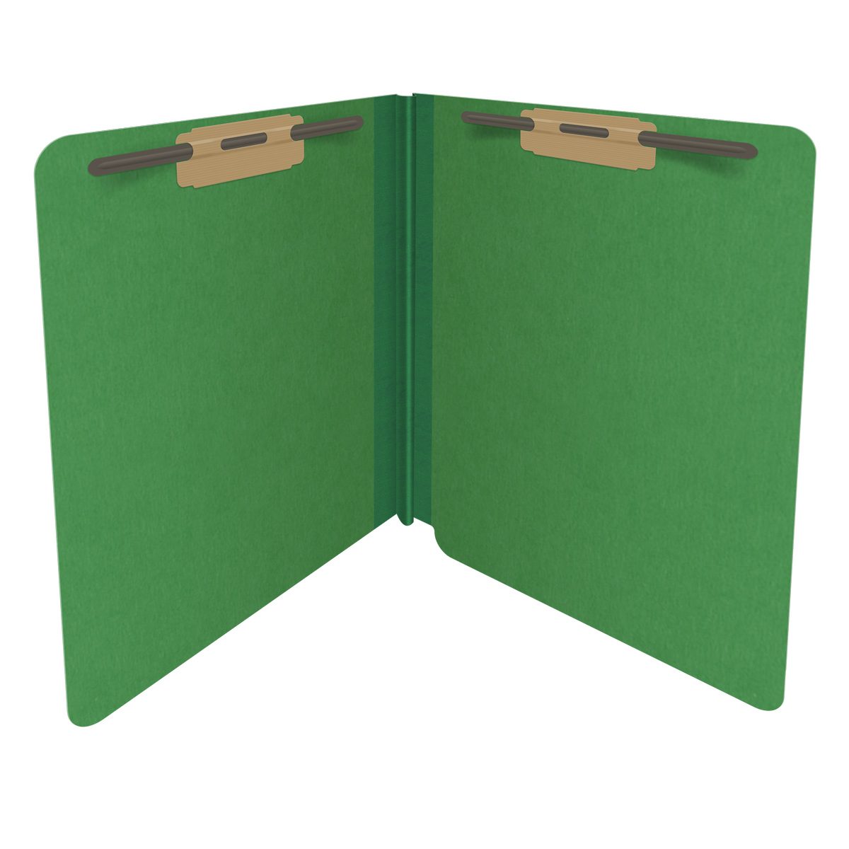 Moss green letter size end tab classification folder with 2" dark green tyvek expansion and 2" bonded fasteners on inside front and inside back. 25 pt type 3 pressboard stock, 25/Box