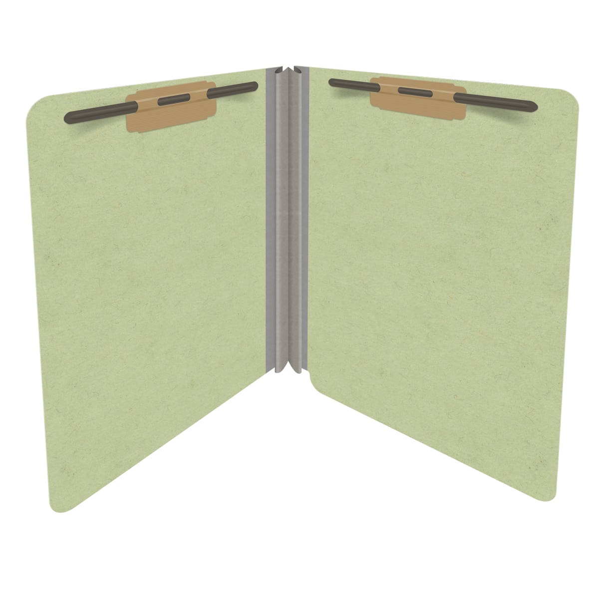 Peridot green letter size end tab classification folder with 2" dark green tyvek expansion and 2" bonded fasteners on inside front and inside back. 25 pt type 3 pressboard stock. Packaged 25/125.