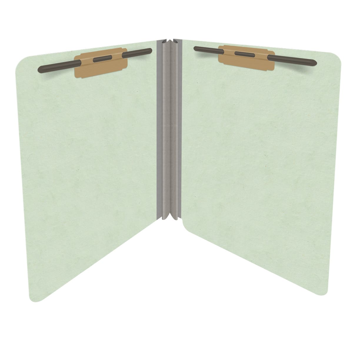 Pale green letter size end tab classification folder with 2" gray tyvek expansion and 2" bonded fasteners on inside front and inside back. 25 pt type 3 pressboard stock. Packaged 25/125.