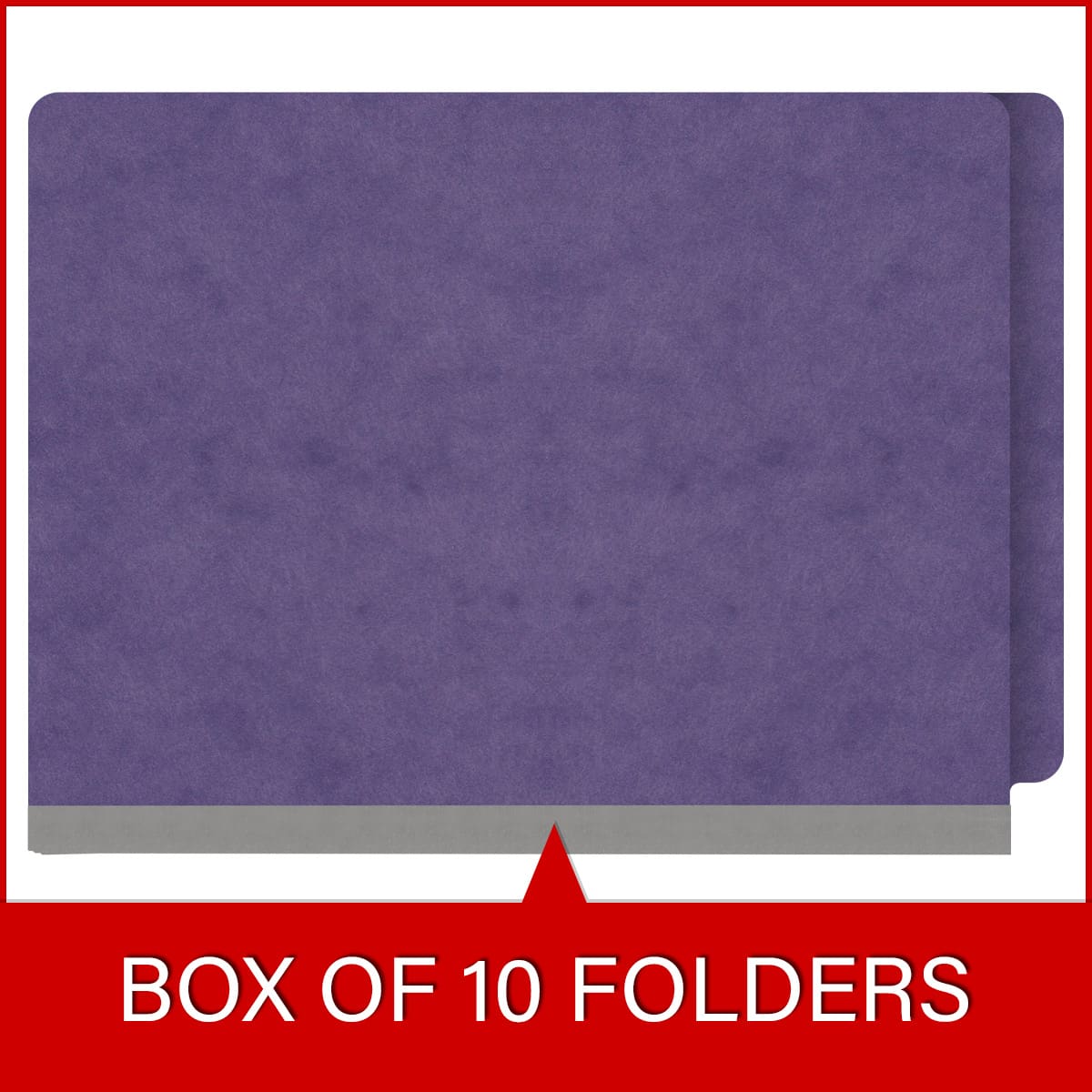 Purple letter size end tab classification folder with 2" gray tyvek expansion and 2" bonded fasteners on inside front and inside back. 25 pt type 3 pressboard stock. Packaged 25/125.