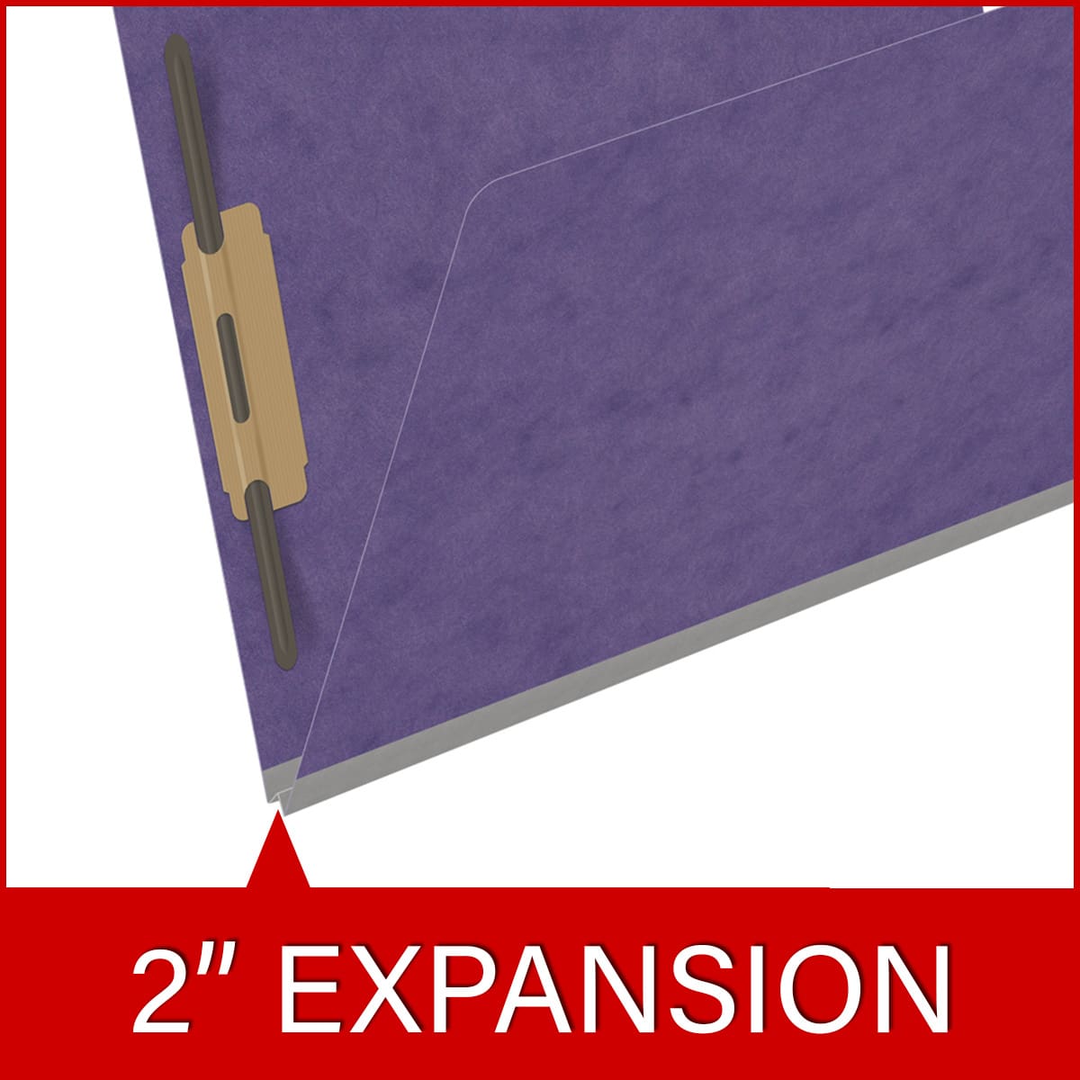 Purple letter size end tab classification folder with 2" gray tyvek expansion and 2" bonded fasteners on inside front and inside back. 25 pt type 3 pressboard stock. Packaged 25/125.