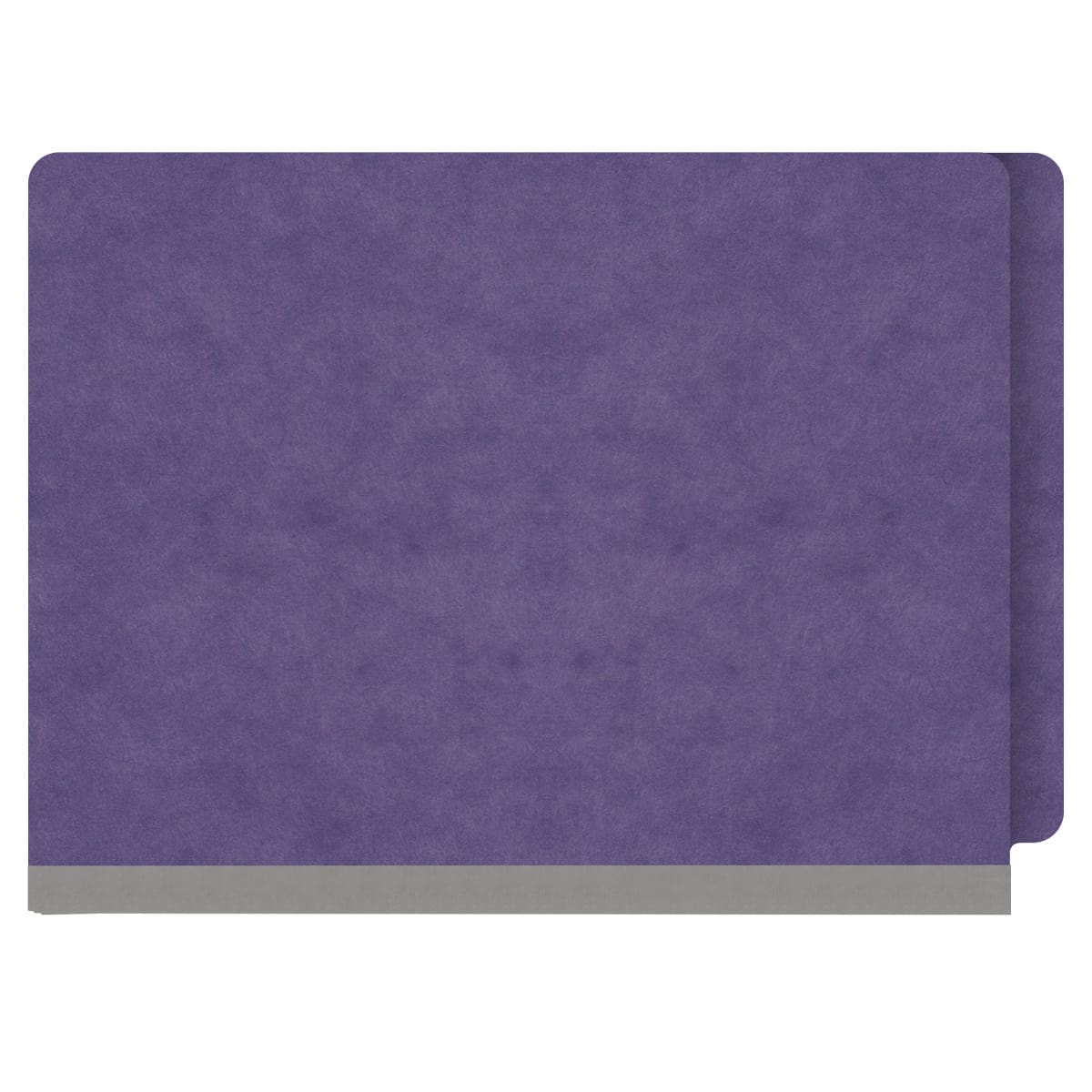 Purple letter size end tab classification folder with 2" gray tyvek expansion and 2" bonded fasteners on inside front and inside back. 25 pt type 3 pressboard stock. Packaged 25/125.