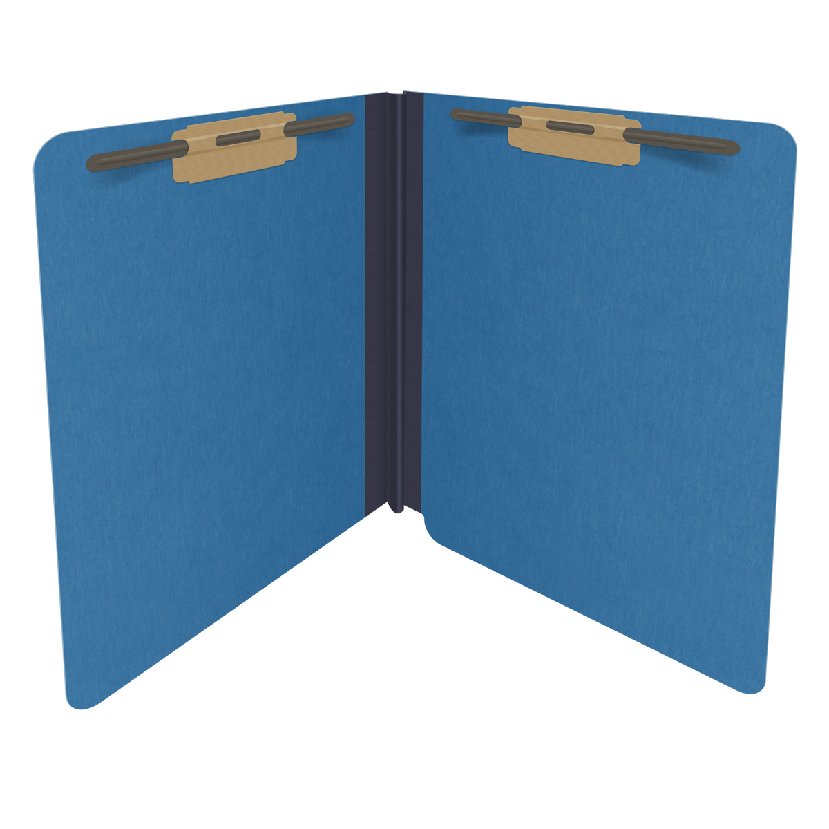 Royal blue letter size end tab classification folder with 2" dark blue tyvek expansion and 2" bonded fasteners on inside front and inside back. 25 pt type 3 pressboard stock. Packaged 25/125