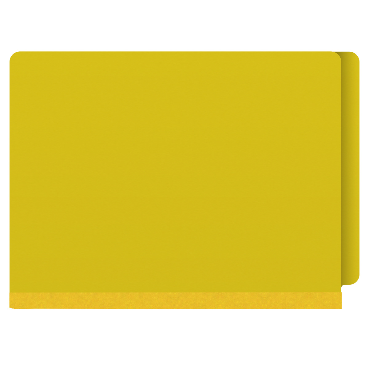 Yellow letter size end tab classification folder with 2" lemon yellow tyvek expansion and 2" bonded fasteners on inside front and inside back. 25 pt type 3 pressboard stock. Packaged 25/125.